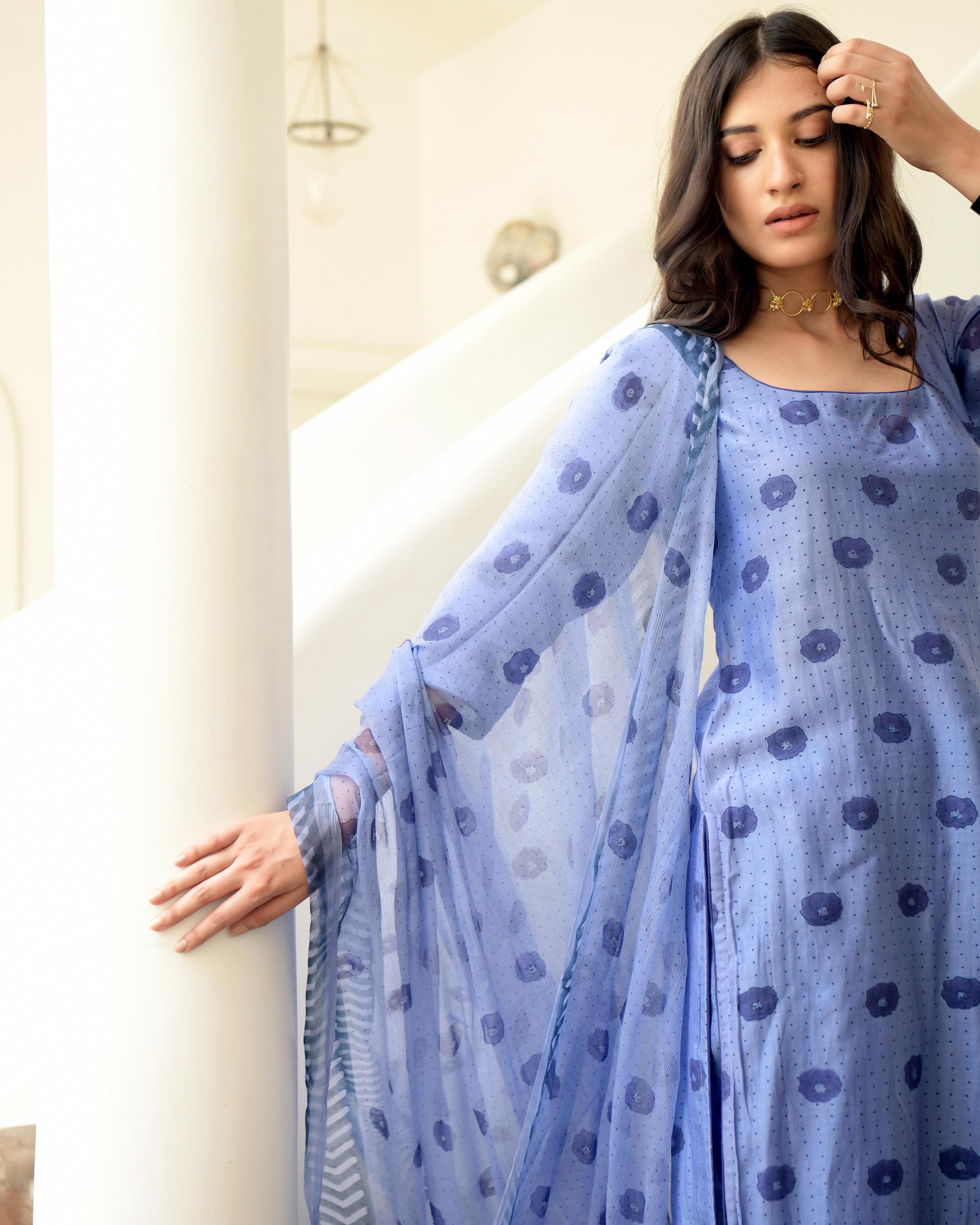 Blue Sleeveless Chiffon Kurta Set With Dupatta by Taro with Blue, Chiffon, Evening Wear, Gulzar by Taro, Indian Wear, July Sale, July Sale 2023, Kurta Pant Sets, Kurta Set With Dupatta, Natural, Prints, Regular Fit, Womenswear at Kamakhyaa for sustainable fashion