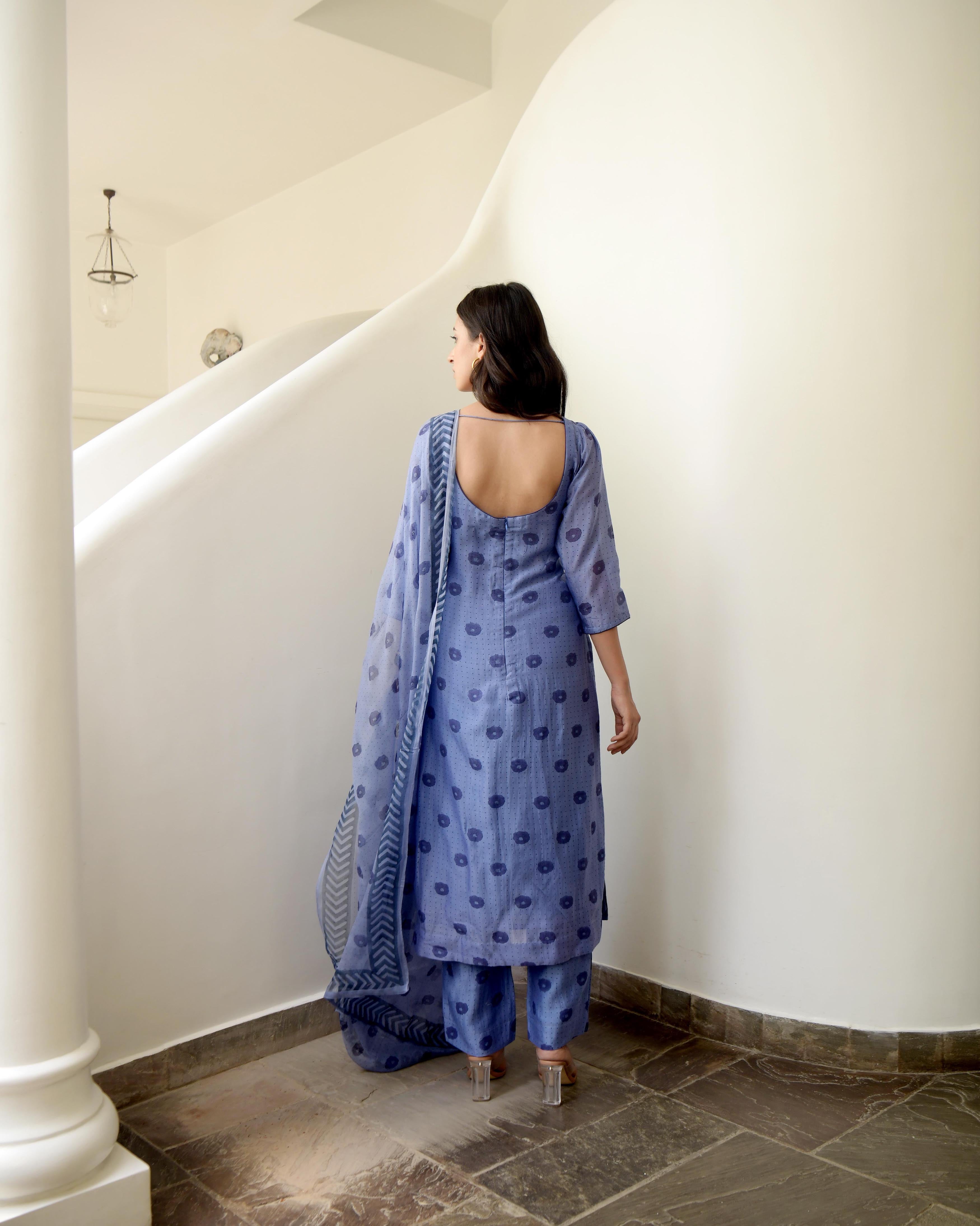 Blue Sleeveless Chiffon Kurta Set With Dupatta by Taro with Blue, Chiffon, Evening Wear, Gulzar by Taro, Indian Wear, July Sale, July Sale 2023, Kurta Pant Sets, Kurta Set With Dupatta, Natural, Prints, Regular Fit, Womenswear at Kamakhyaa for sustainable fashion