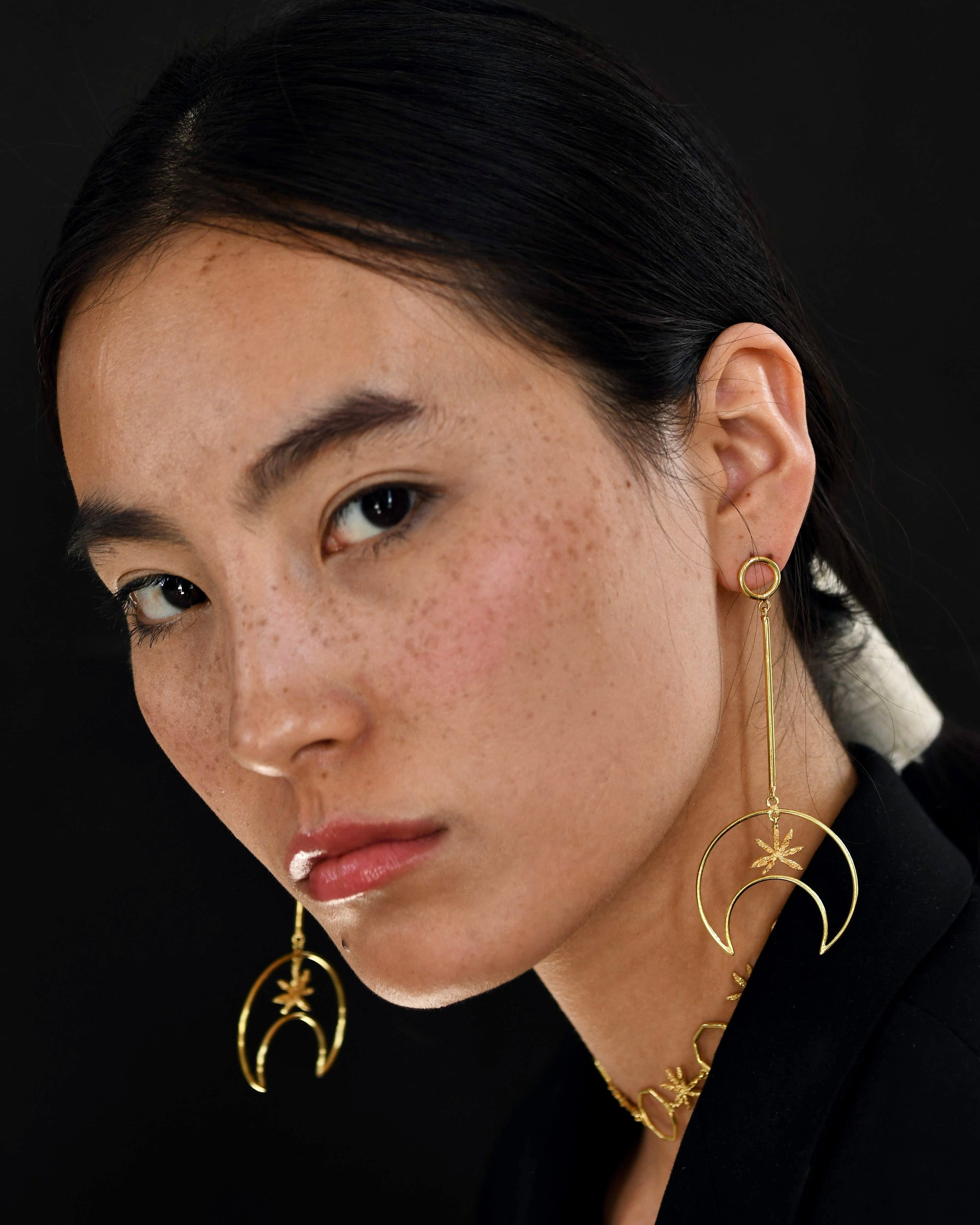 Gold Brass Linear Moon Long Earrings by The Loom Art with Brass, Cosmic Dream by The Loom Art, Fashion Jewellery, Free Size, Gold, Gold Plated, jewelry, Less than $50, Long Earrings, Natural at Kamakhyaa for sustainable fashion