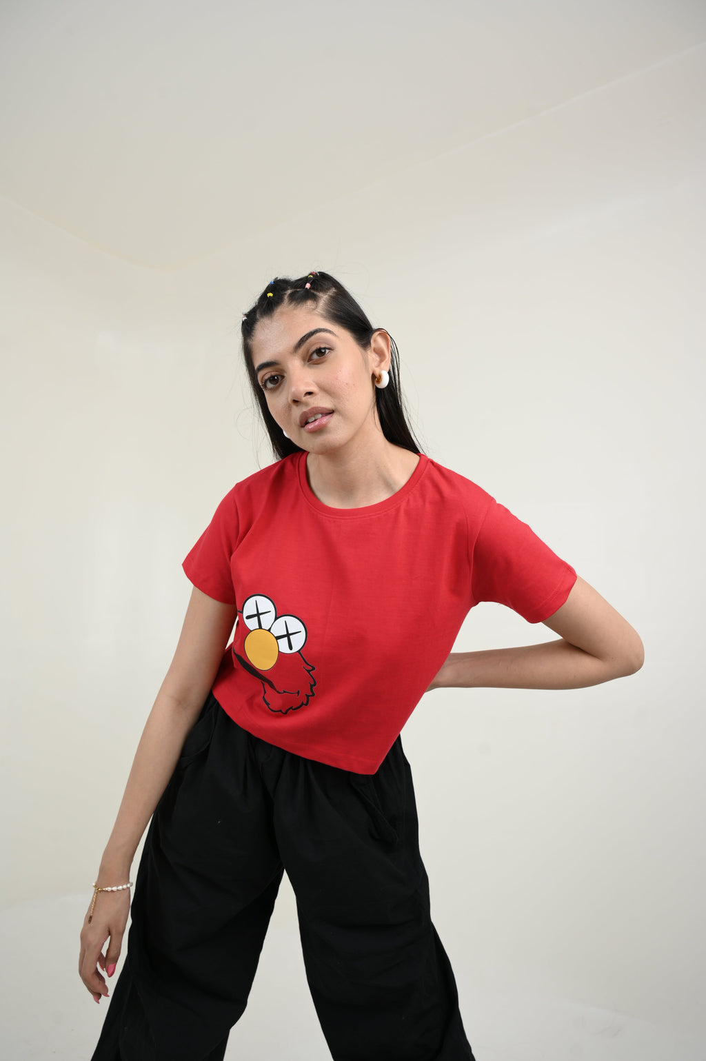 Elmo 100% Cotton Crop Red T-shirt by Unfussy with 100% cotton, Casual Wear, Crop Tops, Organic, Oversized Fit, Printed, Red, T-Shirts, Unfussy, Unisex, Womenswear at Kamakhyaa for sustainable fashion
