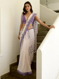 White And Lavender Cotton Saree Set by Taro with Cotton, Evening Wear, Gulzar by Taro, Indian Wear, July Sale, July Sale 2023, Natural, Prints, Regular Fit, Saree Sets, White, Womenswear at Kamakhyaa for sustainable fashion