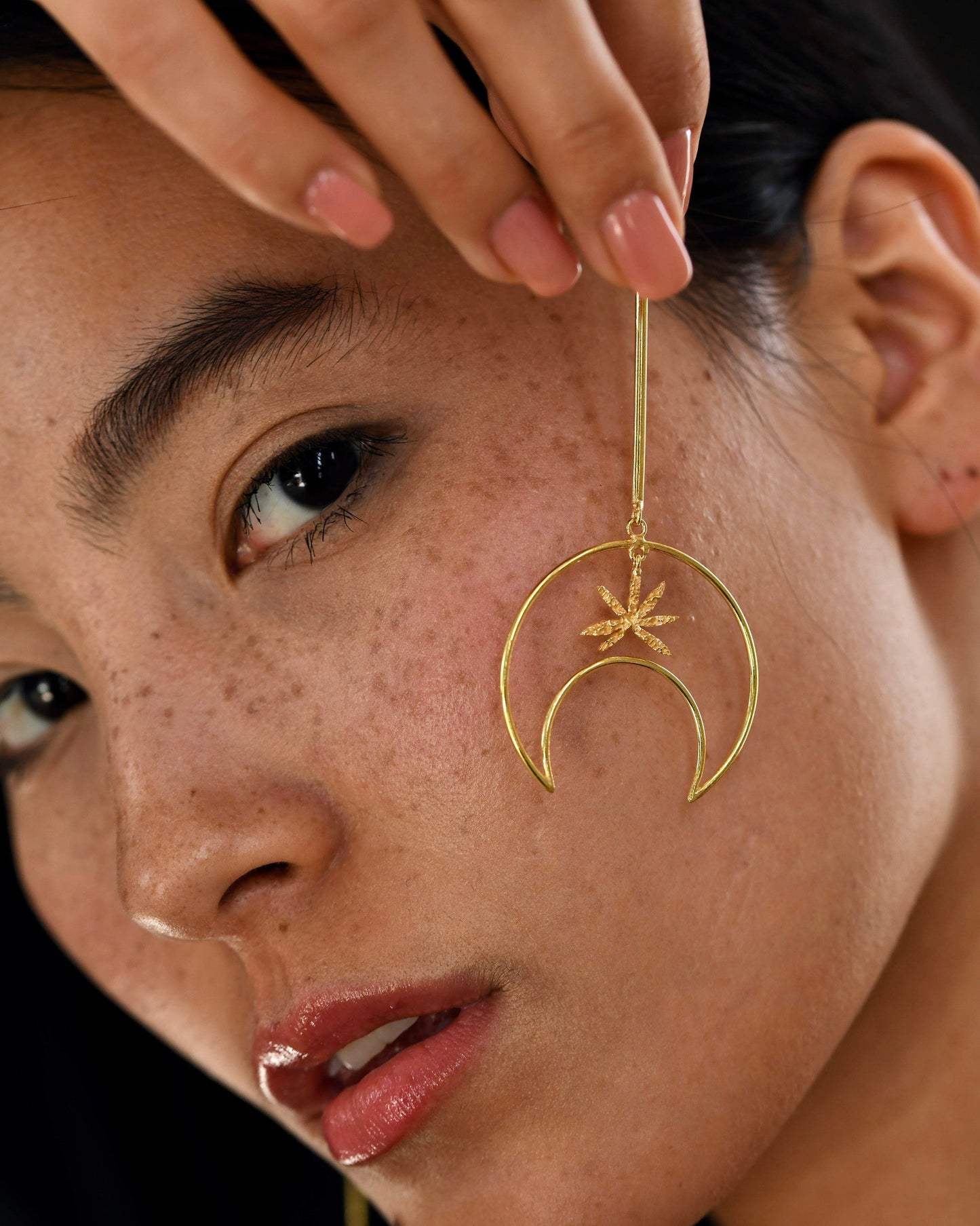 Gold Brass Linear Moon Long Earrings Brass, Cosmic Dream TLA, Free Size, Earrings, Natural, Statement Pieces The Loom Art Kamakhyaa