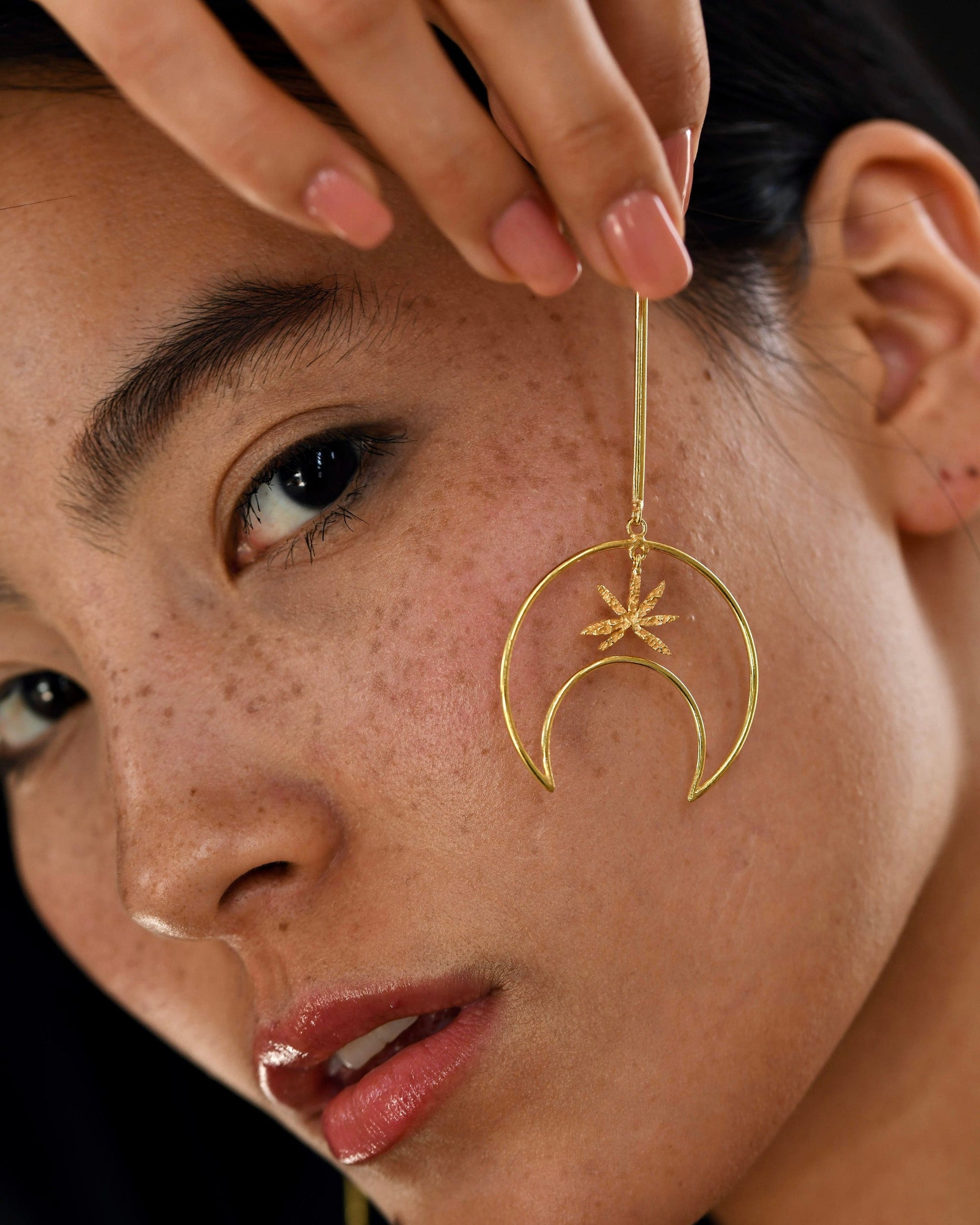 Gold Brass Linear Moon Long Earrings by The Loom Art with Brass, Cosmic Dream by The Loom Art, Fashion Jewellery, Free Size, Gold, Gold Plated, jewelry, Less than $50, Long Earrings, Natural at Kamakhyaa for sustainable fashion
