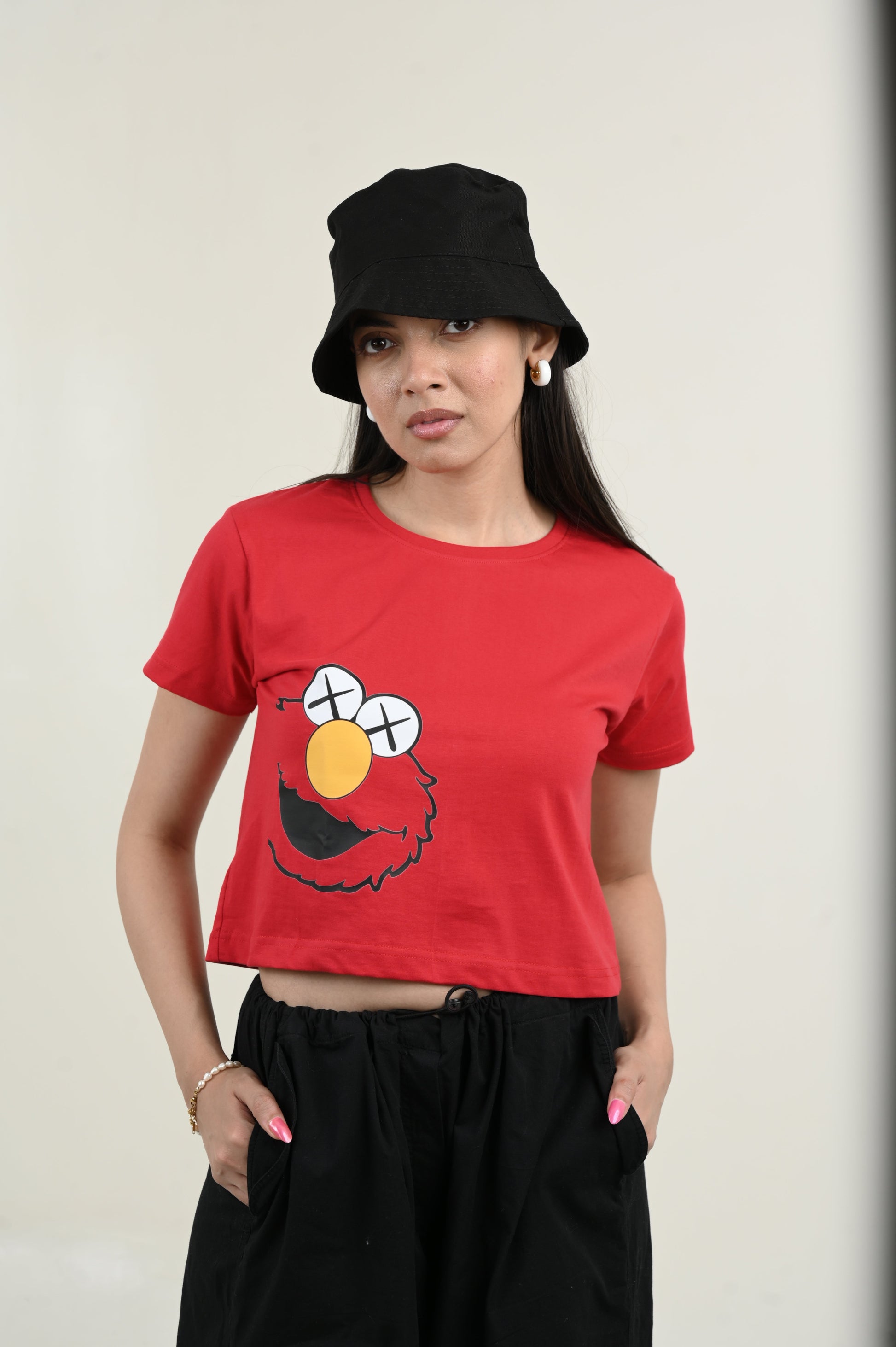 Elmo 100% Cotton Crop Red T-shirt by Unfussy with 100% cotton, Casual Wear, Crop Tops, Organic, Oversized Fit, Printed, Red, T-Shirts, Unfussy, Unisex, Womenswear at Kamakhyaa for sustainable fashion