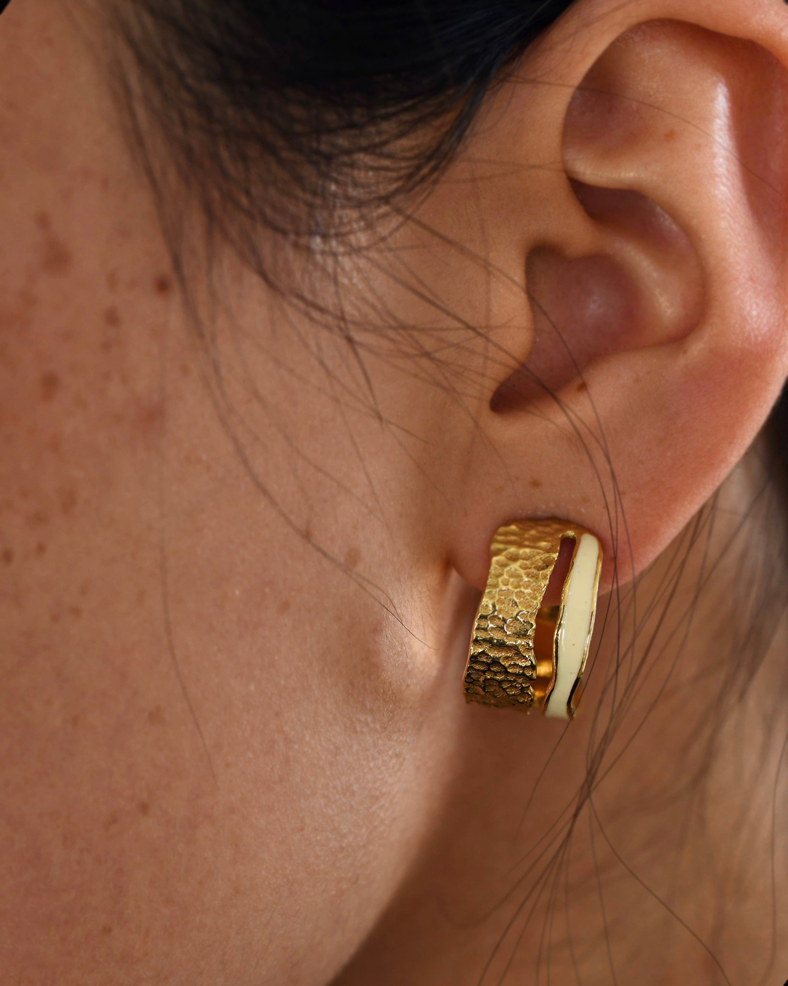 Gold Brass Pearl enamel huggies Hoops by The Loom Art with Brass, Cosmic Dream by The Loom Art, Fashion Jewellery, Free Size, Gold, Gold Plated, Hoops, jewelry, Less than $50, Natural, Office Wear Jewellery at Kamakhyaa for sustainable fashion