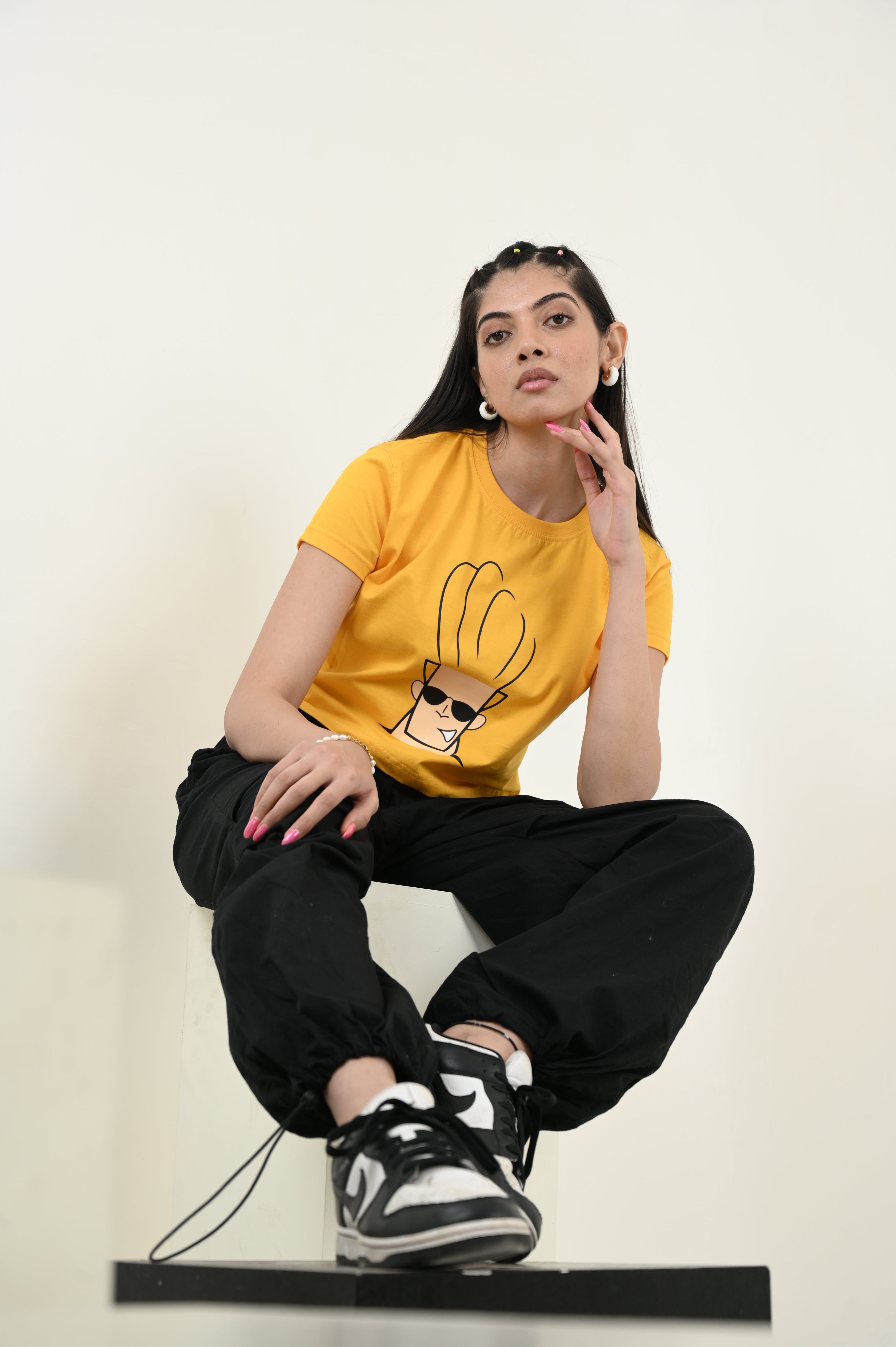 Johny Bravo 100% Cotton Crop Yellow T-shirt by Unfussy with 100% cotton, Casual Wear, Crop Tops, Organic, Oversized Fit, Printed, T-Shirts, Unfussy, Unisex, Womenswear, Yellow at Kamakhyaa for sustainable fashion