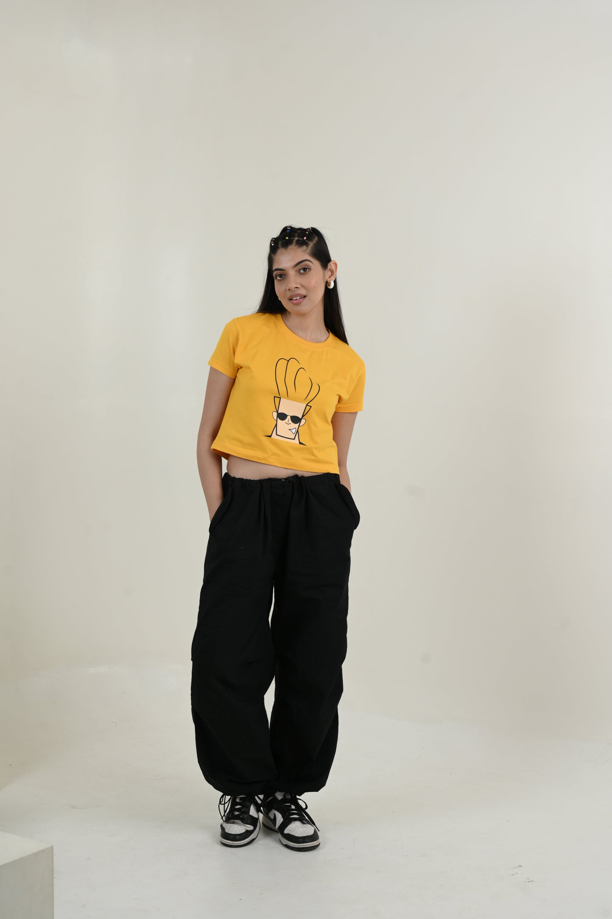 Johny Bravo 100% Cotton Crop Yellow T-shirt by Unfussy with 100% cotton, Casual Wear, Crop Tops, Organic, Oversized Fit, Printed, T-Shirts, Unfussy, Unisex, Womenswear, Yellow at Kamakhyaa for sustainable fashion