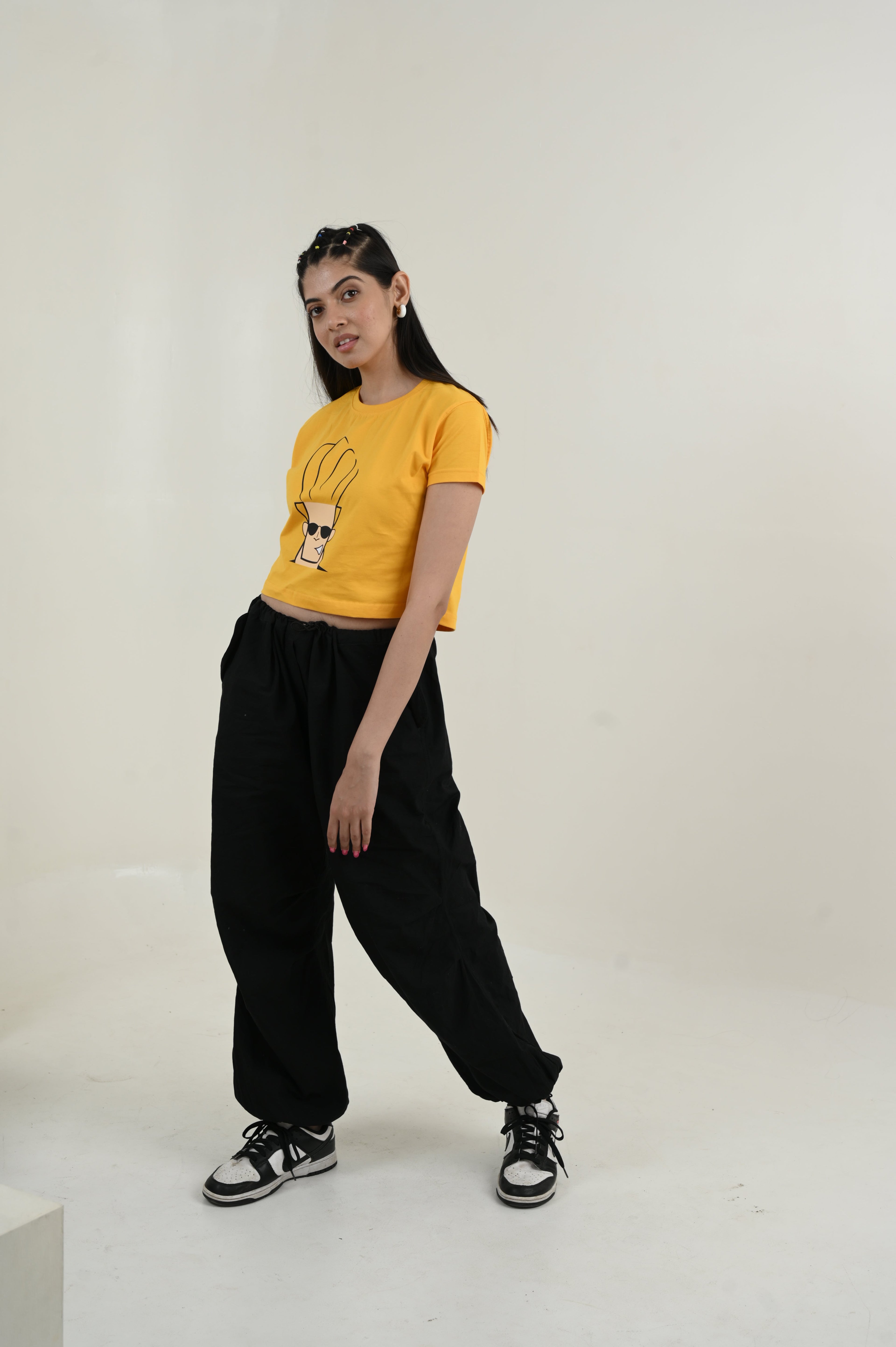 Johny Bravo 100% Cotton Crop Yellow T-shirt by Unfussy with 100% cotton, Casual Wear, Crop Tops, Organic, Oversized Fit, Printed, T-Shirts, Unfussy, Unisex, Womenswear, Yellow at Kamakhyaa for sustainable fashion