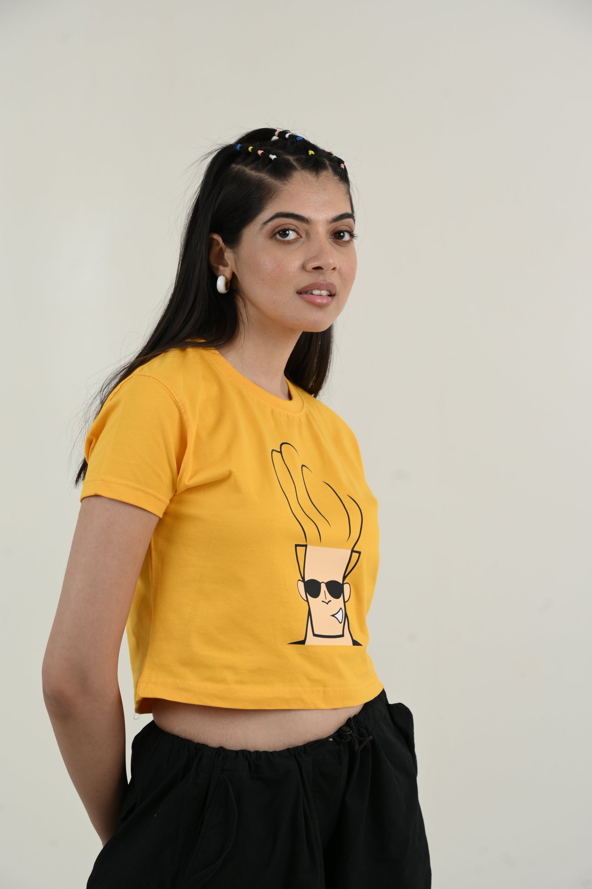 Johny Bravo 100% Cotton Crop Yellow T-shirt by Unfussy with 100% cotton, Casual Wear, Crop Tops, Organic, Oversized Fit, Printed, T-Shirts, Unfussy, Unisex, Womenswear, Yellow at Kamakhyaa for sustainable fashion