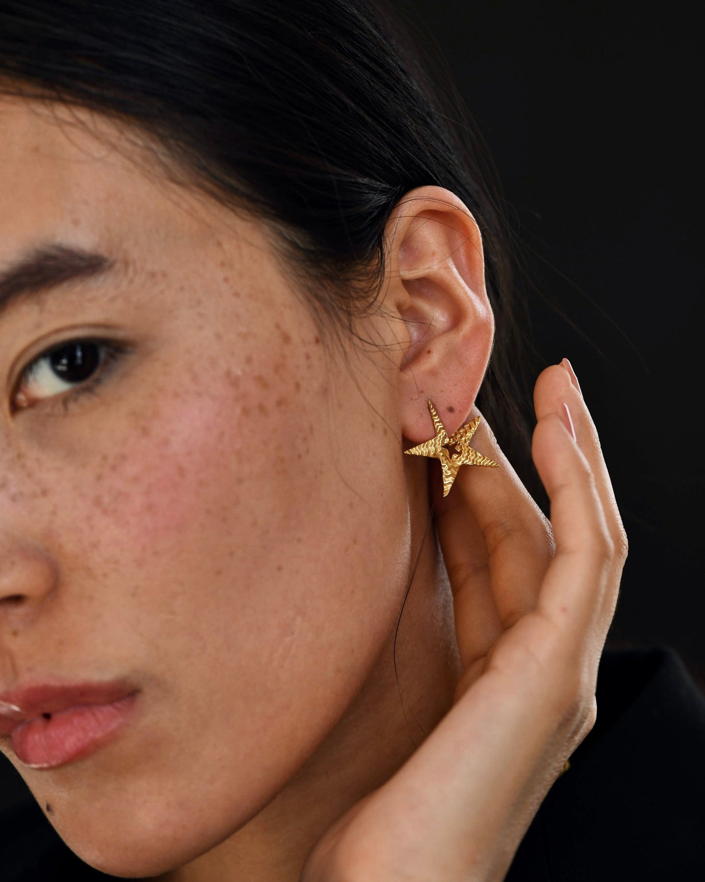 Gold Brass Tinted Star Studs by The Loom Art with Brass, Cosmic Dream by The Loom Art, Fashion Jewellery, Free Size, Gold, Gold Plated, jewelry, Less than $50, Natural, Office Wear Jewellery, Stud Earrings at Kamakhyaa for sustainable fashion