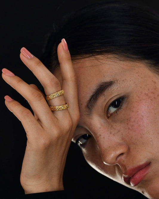 Gold Brass Textured Hexagonal Rings by The Loom Art with Brass, Cosmic Dream by The Loom Art, Fashion Jewellery, Free Size, Gold, Gold Plated, jewelry, Less than $50, Natural, Rings at Kamakhyaa for sustainable fashion