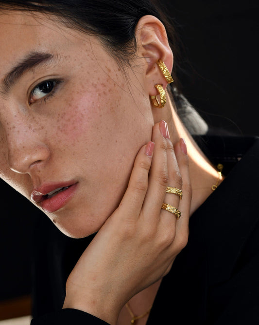 Gold Brass Textured Hexagon Hoops by The Loom Art with Brass, Cosmic Dream by The Loom Art, Fashion Jewellery, Free Size, Gold, Gold Plated, Hoops, jewelry, Less than $50, Natural, Office Wear Jewellery at Kamakhyaa for sustainable fashion