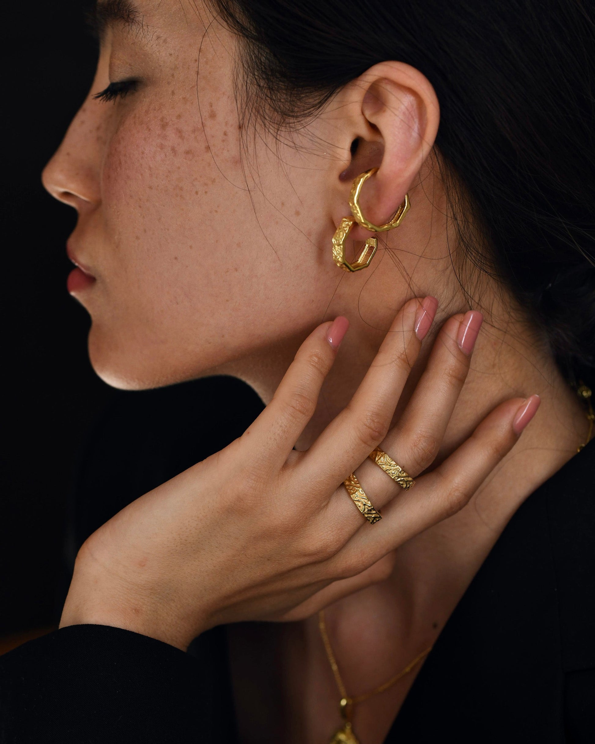 Gold Brass Textured Hexagonal Rings by The Loom Art with Brass, Cosmic Dream by The Loom Art, Fashion Jewellery, Free Size, Gold, Gold Plated, jewelry, Less than $50, Natural, Rings at Kamakhyaa for sustainable fashion