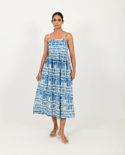 Blue Gather Dress by Rias Jaipur with 100% Organic Cotton, Blue, Casual Wear, Midi Dresses, Natural, Prints, Relaxed Fit, Scribble Prints, Sleeveless Dresses, Womenswear, Yaadein, Yaadein by Rias Jaipur at Kamakhyaa for sustainable fashion