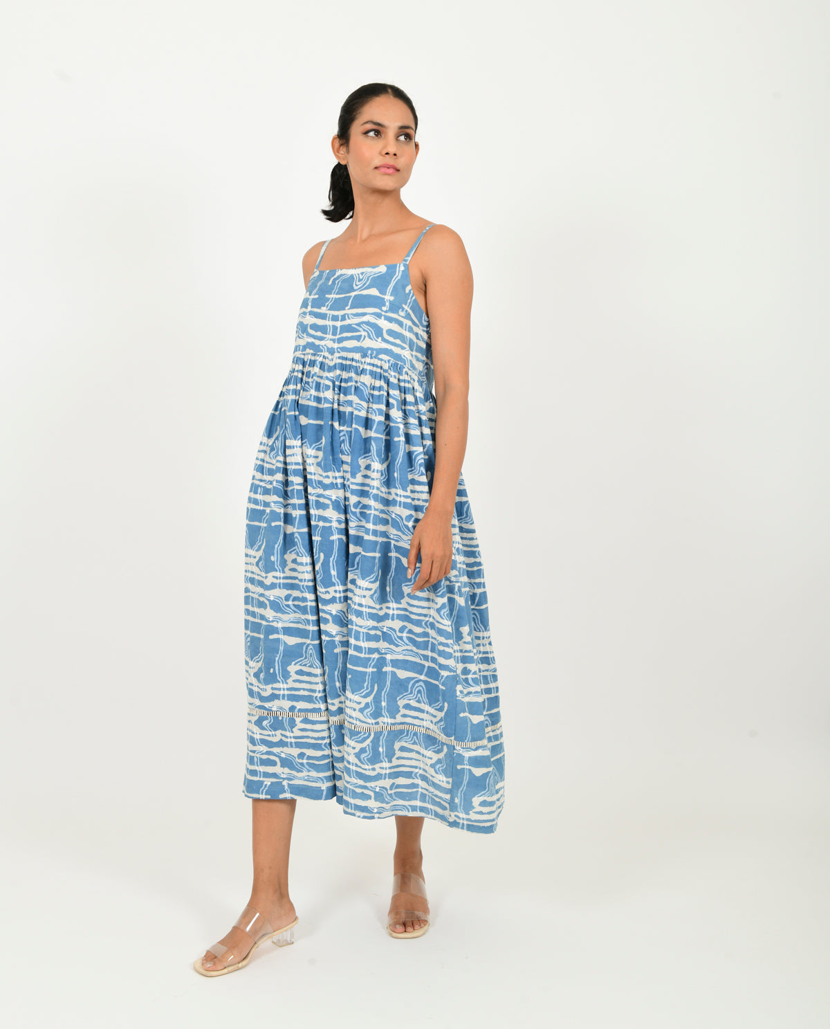 Blue Gather Dress by Rias Jaipur with 100% Organic Cotton, Blue, Casual Wear, Midi Dresses, Natural, Prints, Relaxed Fit, Scribble Prints, Sleeveless Dresses, Womenswear, Yaadein, Yaadein by Rias Jaipur at Kamakhyaa for sustainable fashion