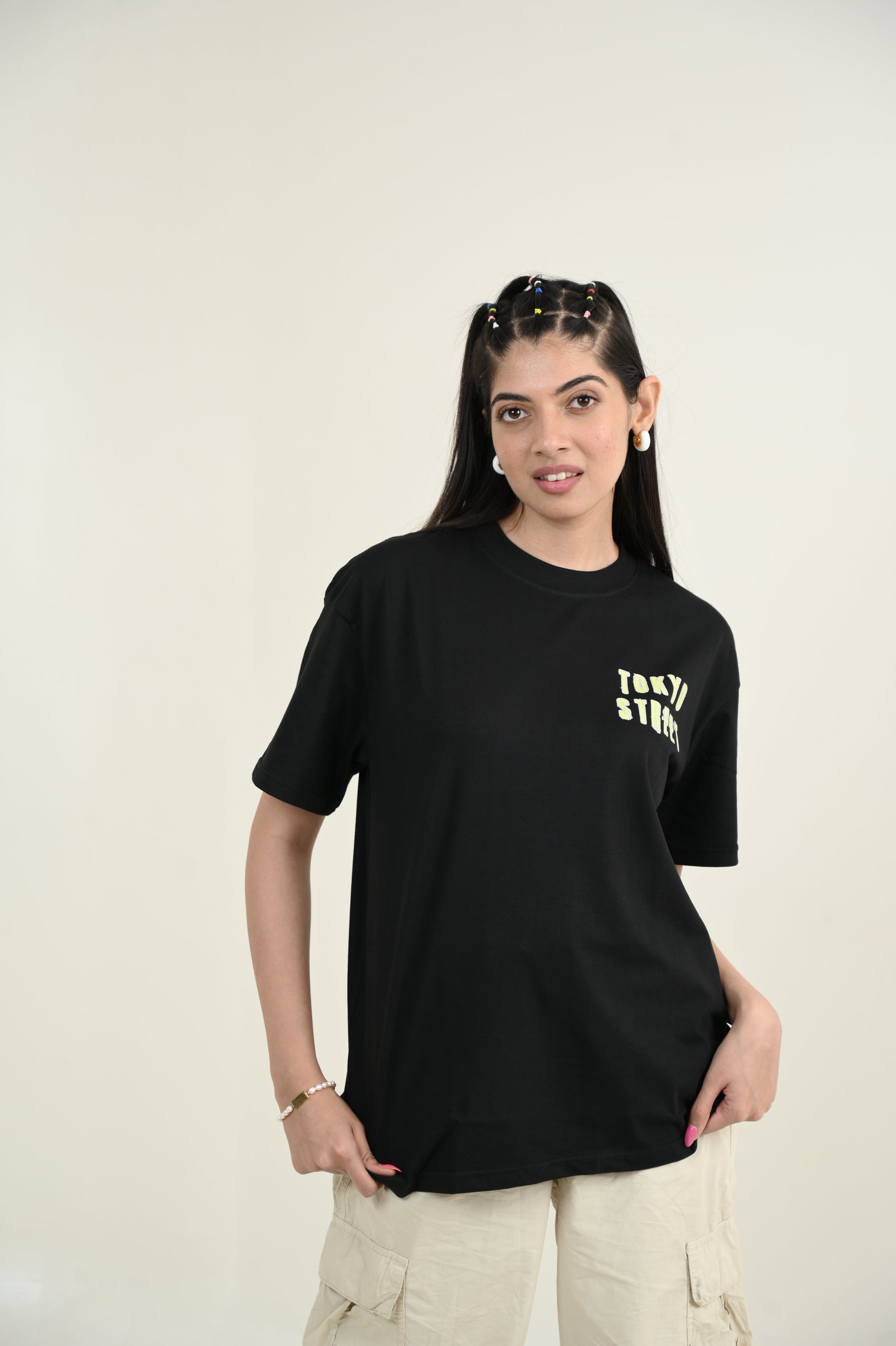 Tokyo Street 100% Cotton Oversized Black T-shirt by Unfussy with 100% cotton, Black, Casual Wear, Organic, Oversized Fit, Printed, T-Shirts, Unfussy, Unisex, Womenswear at Kamakhyaa for sustainable fashion