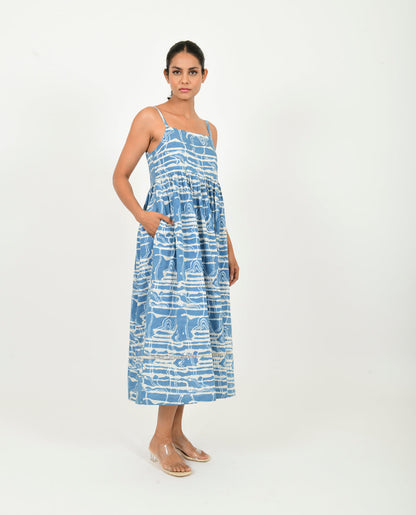 Blue Gather Dress by Rias Jaipur with 100% Organic Cotton, Blue, Casual Wear, Midi Dresses, Natural, Prints, Relaxed Fit, Scribble Prints, Sleeveless Dresses, Womenswear, Yaadein, Yaadein by Rias Jaipur at Kamakhyaa for sustainable fashion