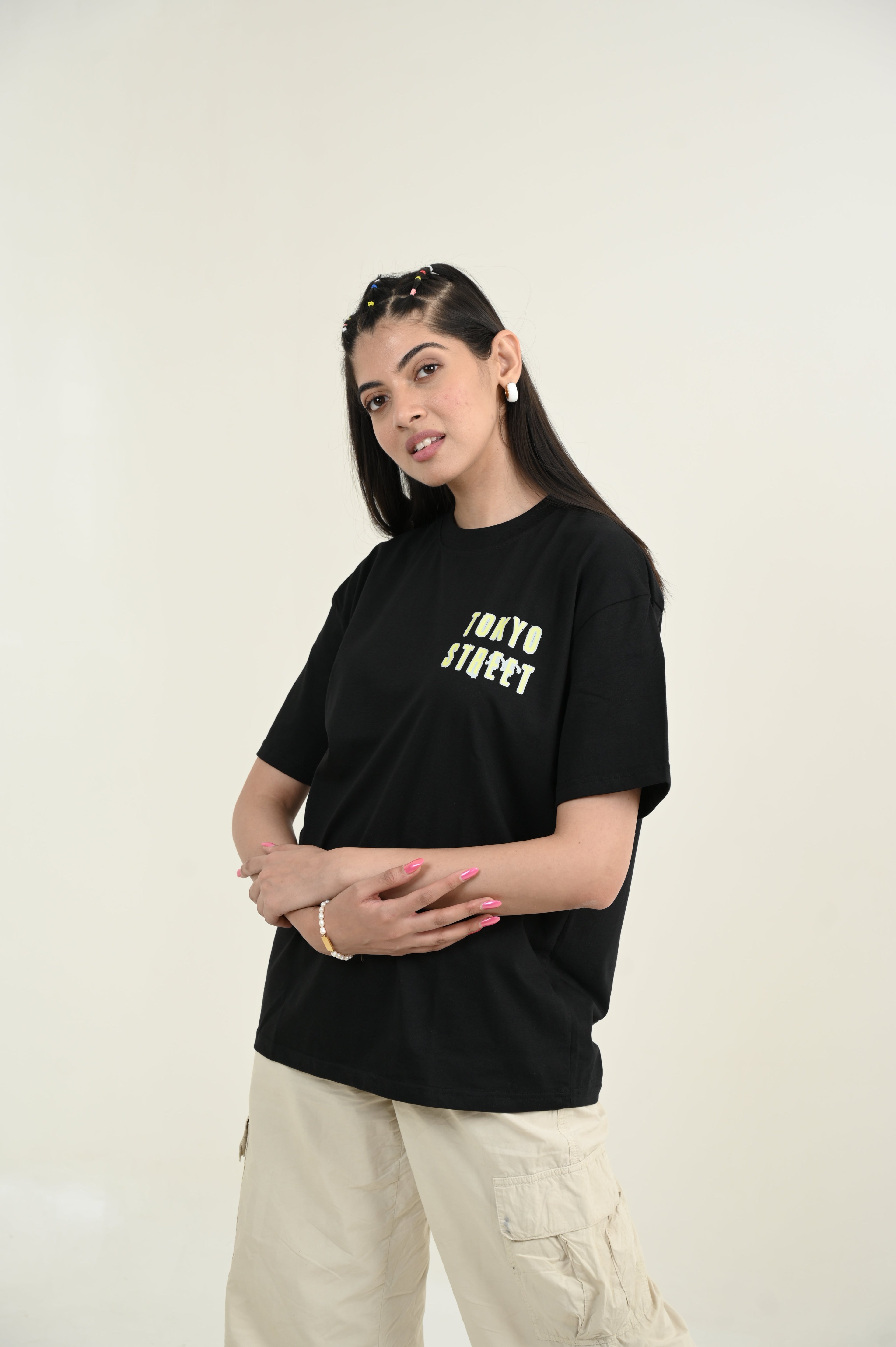 Tokyo Street 100% Cotton Oversized Black T-shirt by Unfussy with 100% cotton, Black, Casual Wear, Organic, Oversized Fit, Printed, T-Shirts, Unfussy, Unisex, Womenswear at Kamakhyaa for sustainable fashion