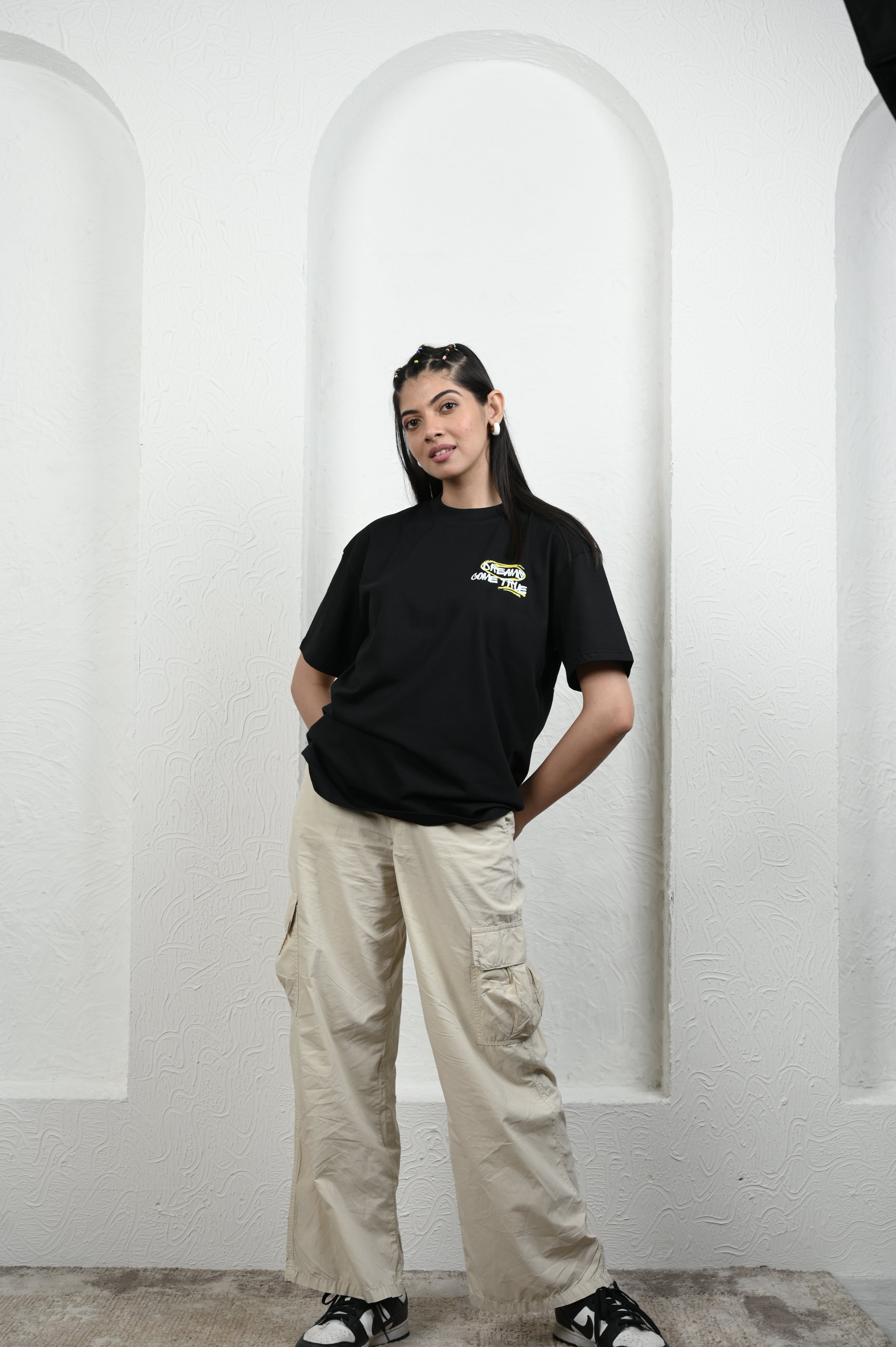 Smile Please 100% Cotton Oversized Black T-shirt by Unfussy with 100% cotton, Black, Casual Wear, Organic, Oversized Fit, Printed, T-Shirts, Unfussy, Unisex, Womenswear at Kamakhyaa for sustainable fashion