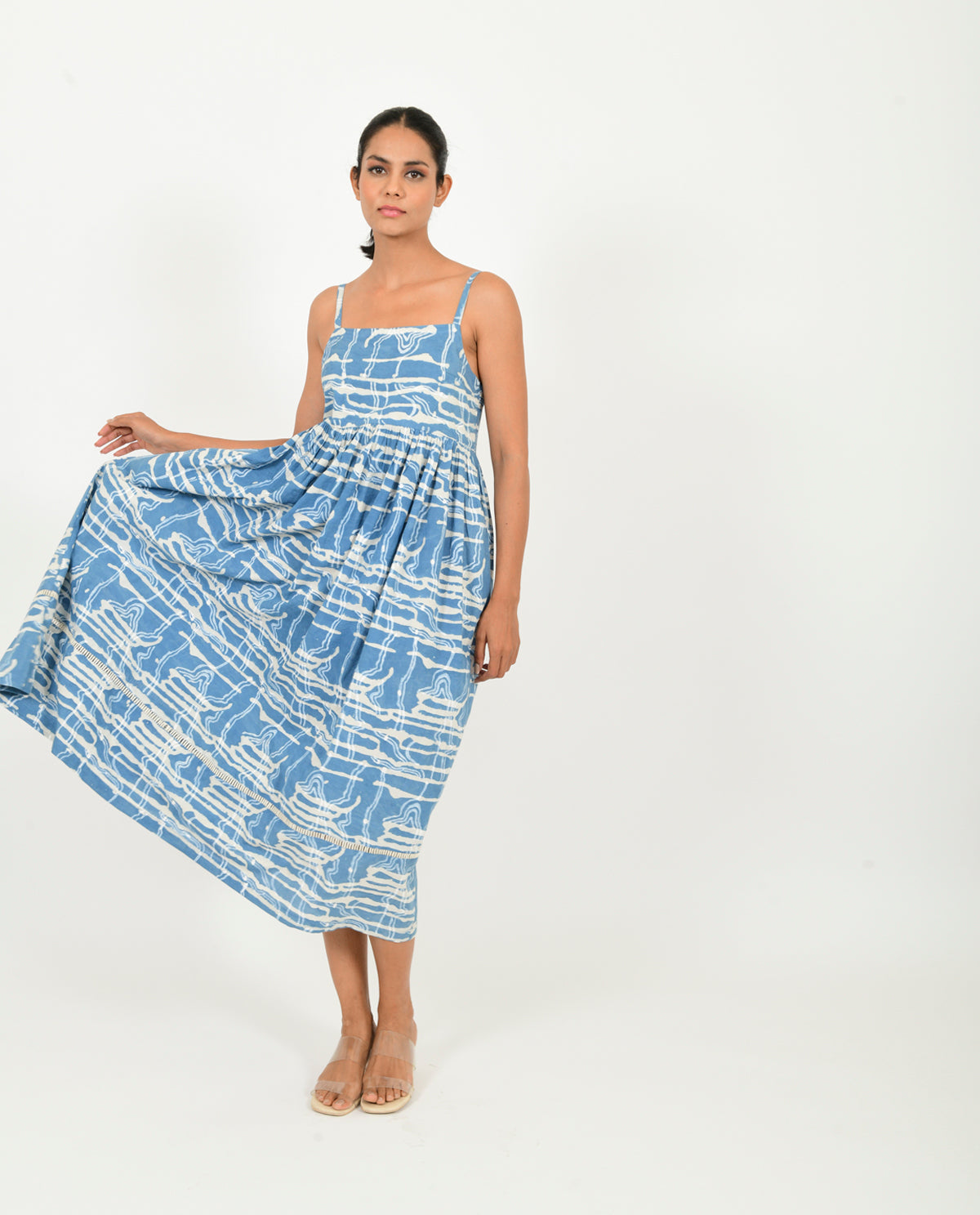 Blue Gather Dress by Rias Jaipur with 100% Organic Cotton, Blue, Casual Wear, Midi Dresses, Natural, Prints, Relaxed Fit, Scribble Prints, Sleeveless Dresses, Womenswear, Yaadein, Yaadein by Rias Jaipur at Kamakhyaa for sustainable fashion