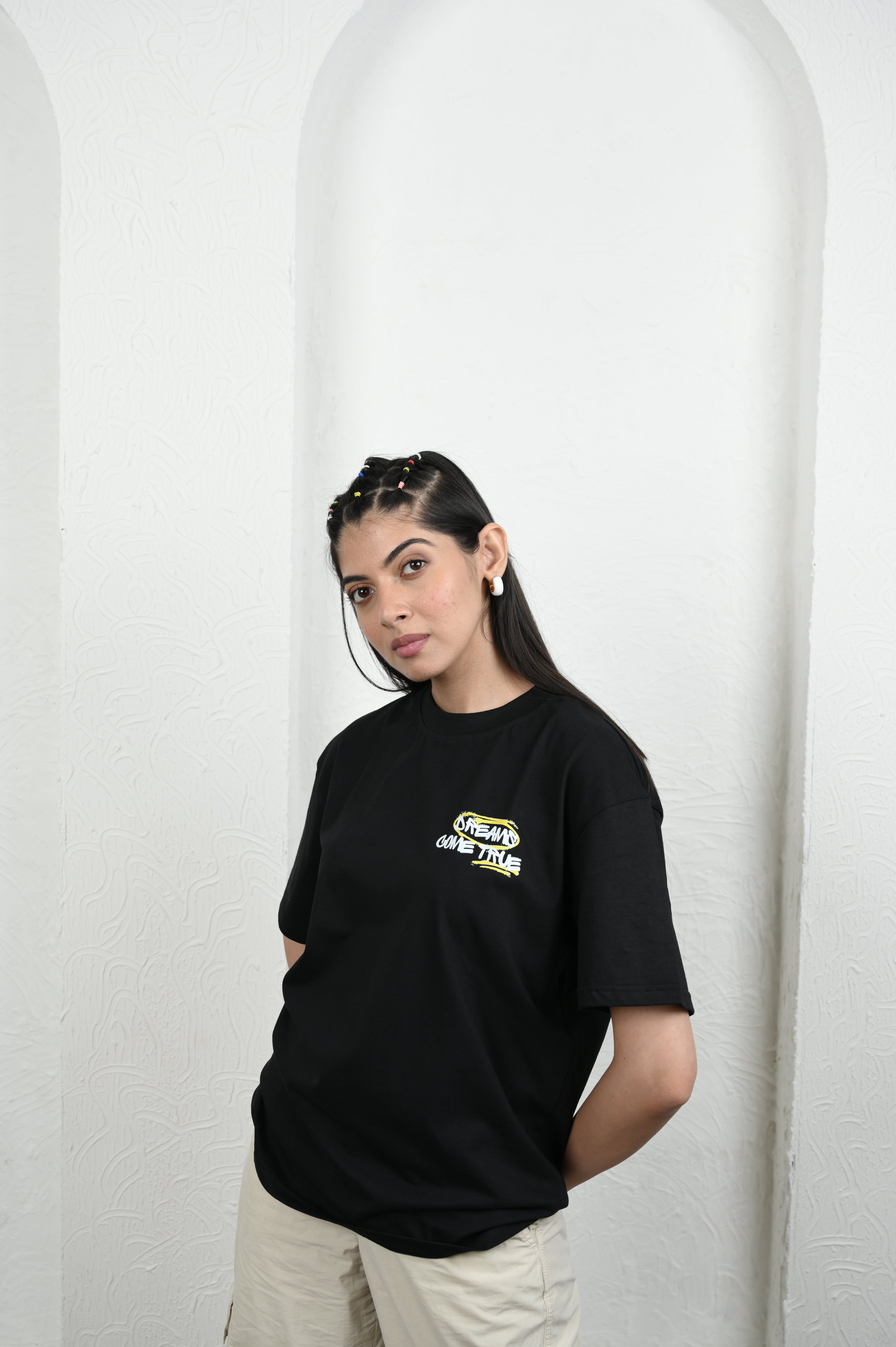 Smile Please 100% Cotton Oversized Black T-shirt by Unfussy with 100% cotton, Black, Casual Wear, Organic, Oversized Fit, Printed, T-Shirts, Unfussy, Unisex, Womenswear at Kamakhyaa for sustainable fashion