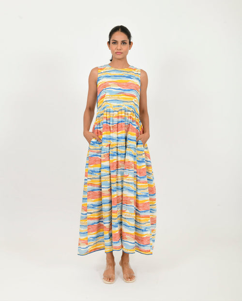 Block Printed Multicolor Gather Dress by Rias Jaipur with 100% Organic Cotton, Block Prints, Casual Wear, Multicolor, Natural, Relaxed Fit, Scribble Prints, Sleeveless Dresses, Womenswear, Yaadein, Yaadein by Rias Jaipur at Kamakhyaa for sustainable fashion