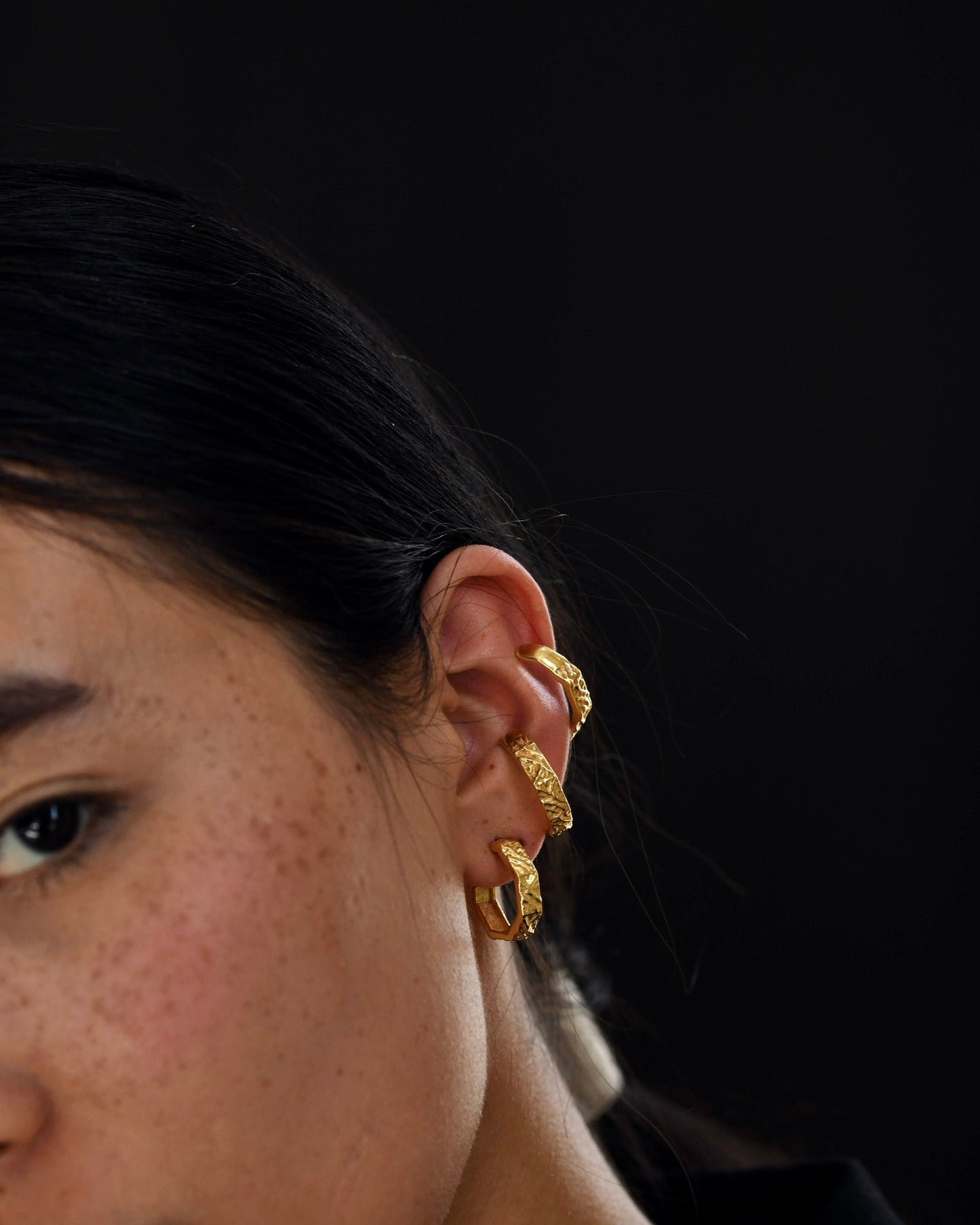 Gold Brass Textured Hexagon Hoops by The Loom Art with Brass, Cosmic Dream by The Loom Art, Fashion Jewellery, Free Size, Gold, Gold Plated, Hoops, jewelry, Less than $50, Natural, Office Wear Jewellery at Kamakhyaa for sustainable fashion