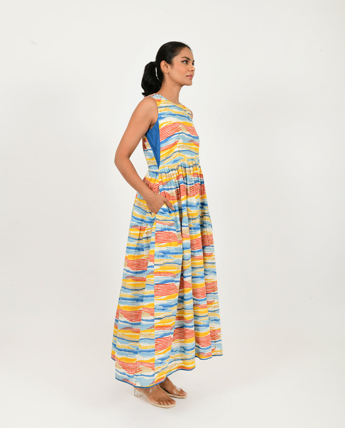 Block Printed Multicolor Gather Dress by Rias Jaipur with 100% Organic Cotton, Block Prints, Casual Wear, Multicolor, Natural, Relaxed Fit, Scribble Prints, Sleeveless Dresses, Womenswear, Yaadein, Yaadein by Rias Jaipur at Kamakhyaa for sustainable fashion
