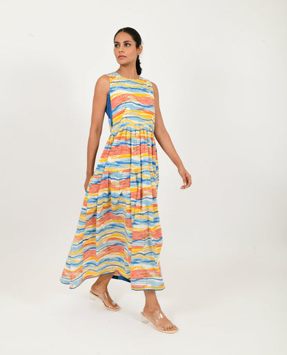 Block Printed Multicolor Gather Dress by Rias Jaipur with 100% Organic Cotton, Block Prints, Casual Wear, Multicolor, Natural, Relaxed Fit, Scribble Prints, Sleeveless Dresses, Womenswear, Yaadein, Yaadein by Rias Jaipur at Kamakhyaa for sustainable fashion