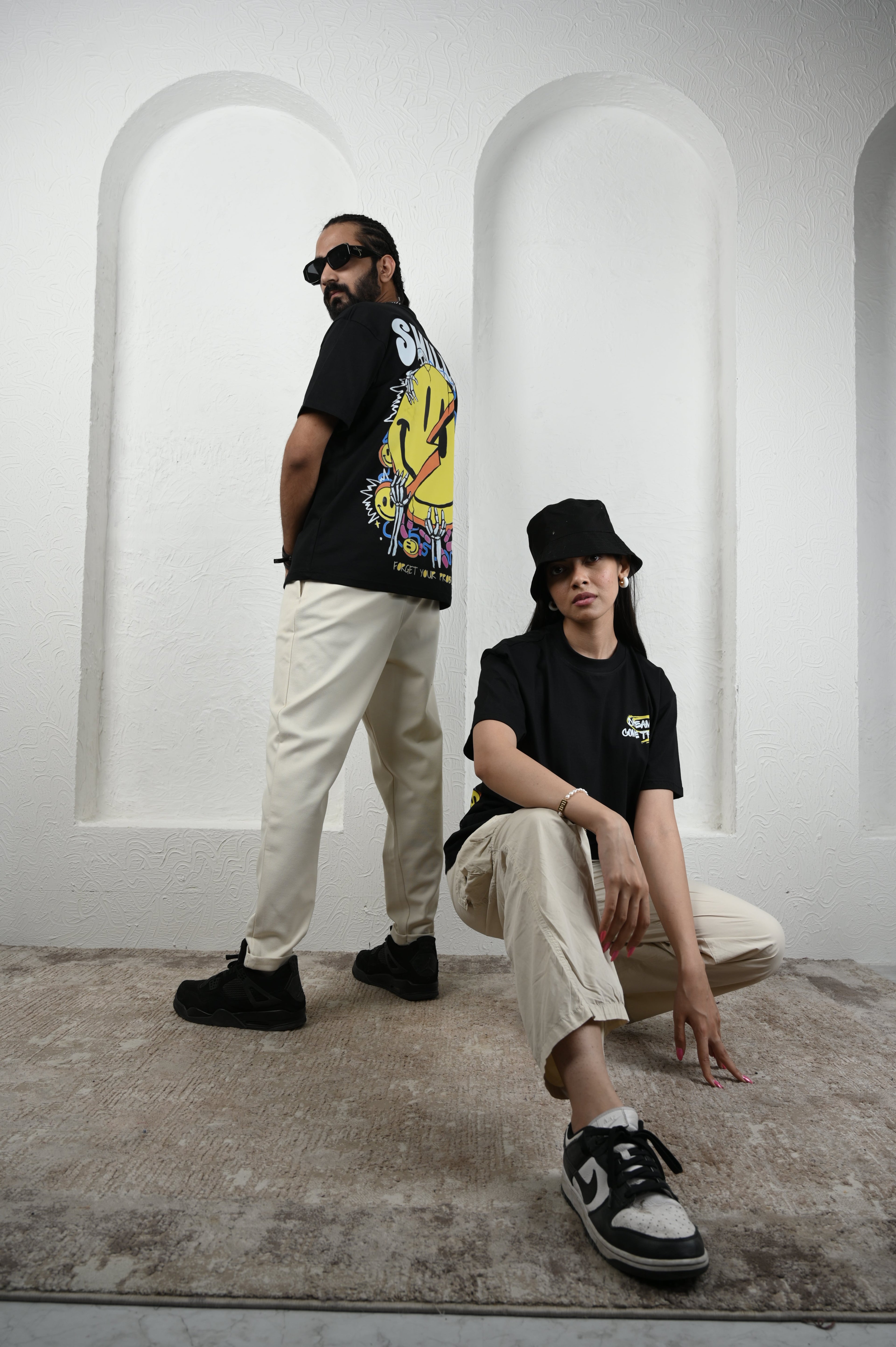 Smile Please 100% Cotton Oversized Black T-shirt by Unfussy with 100% cotton, Black, Casual Wear, Organic, Oversized Fit, Printed, T-Shirts, Unfussy, Unisex, Womenswear at Kamakhyaa for sustainable fashion