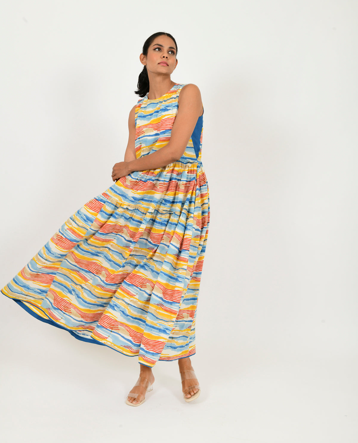 Block Printed Multicolor Gather Dress by Rias Jaipur with 100% Organic Cotton, Block Prints, Casual Wear, Multicolor, Natural, Relaxed Fit, Scribble Prints, Sleeveless Dresses, Womenswear, Yaadein, Yaadein by Rias Jaipur at Kamakhyaa for sustainable fashion