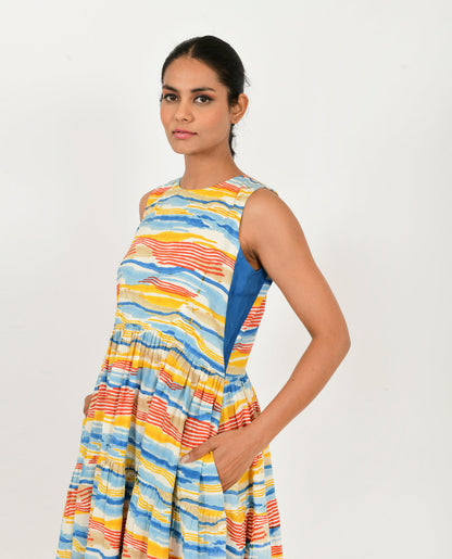 Block Printed Multicolor Gather Dress by Rias Jaipur with 100% Organic Cotton, Block Prints, Casual Wear, Multicolor, Natural, Relaxed Fit, Scribble Prints, Sleeveless Dresses, Womenswear, Yaadein, Yaadein by Rias Jaipur at Kamakhyaa for sustainable fashion