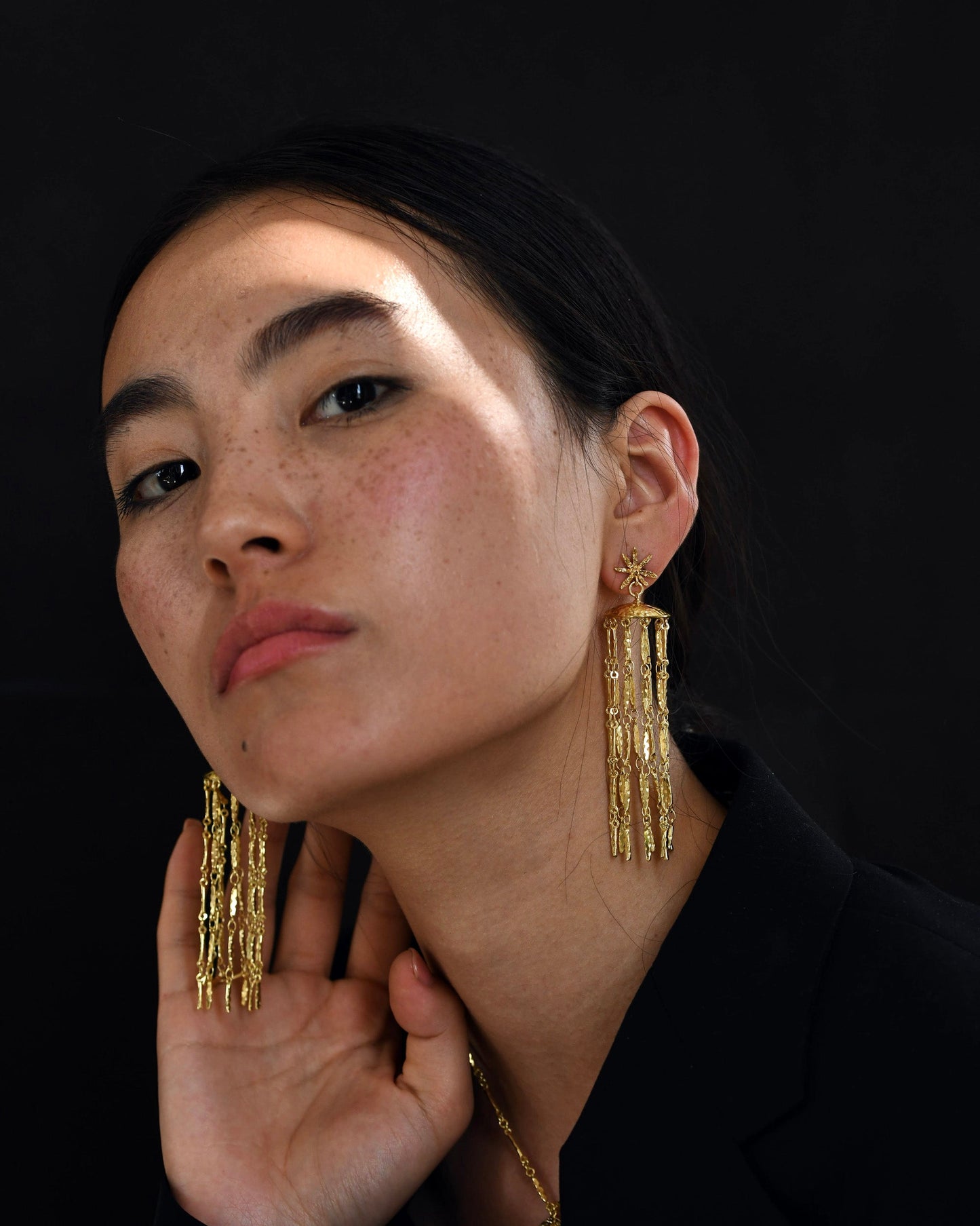 Gold Brass Starfall Earrings by The Loom Art with Brass, Cosmic Dream by The Loom Art, Fashion Jewellery, Free Size, Gold, Gold Plated, jewelry, Long Earrings, Natural at Kamakhyaa for sustainable fashion