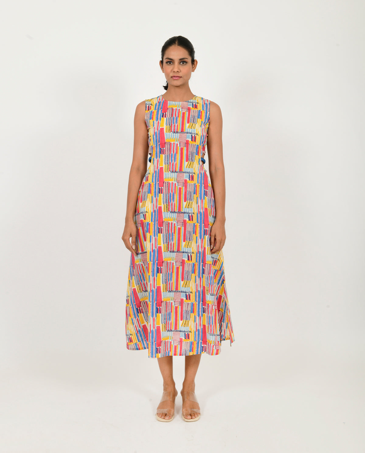 Casual Wear Block Print Side Cut Dress by Rias Jaipur with Block Prints, Casual Wear, Linen Blend, Midi Dresses, Multicolor, Natural, Regular Fit, Scribble Prints, Sleeveless Dresses, Womenswear, Yaadein, Yaadein by Rias Jaipur at Kamakhyaa for sustainable fashion