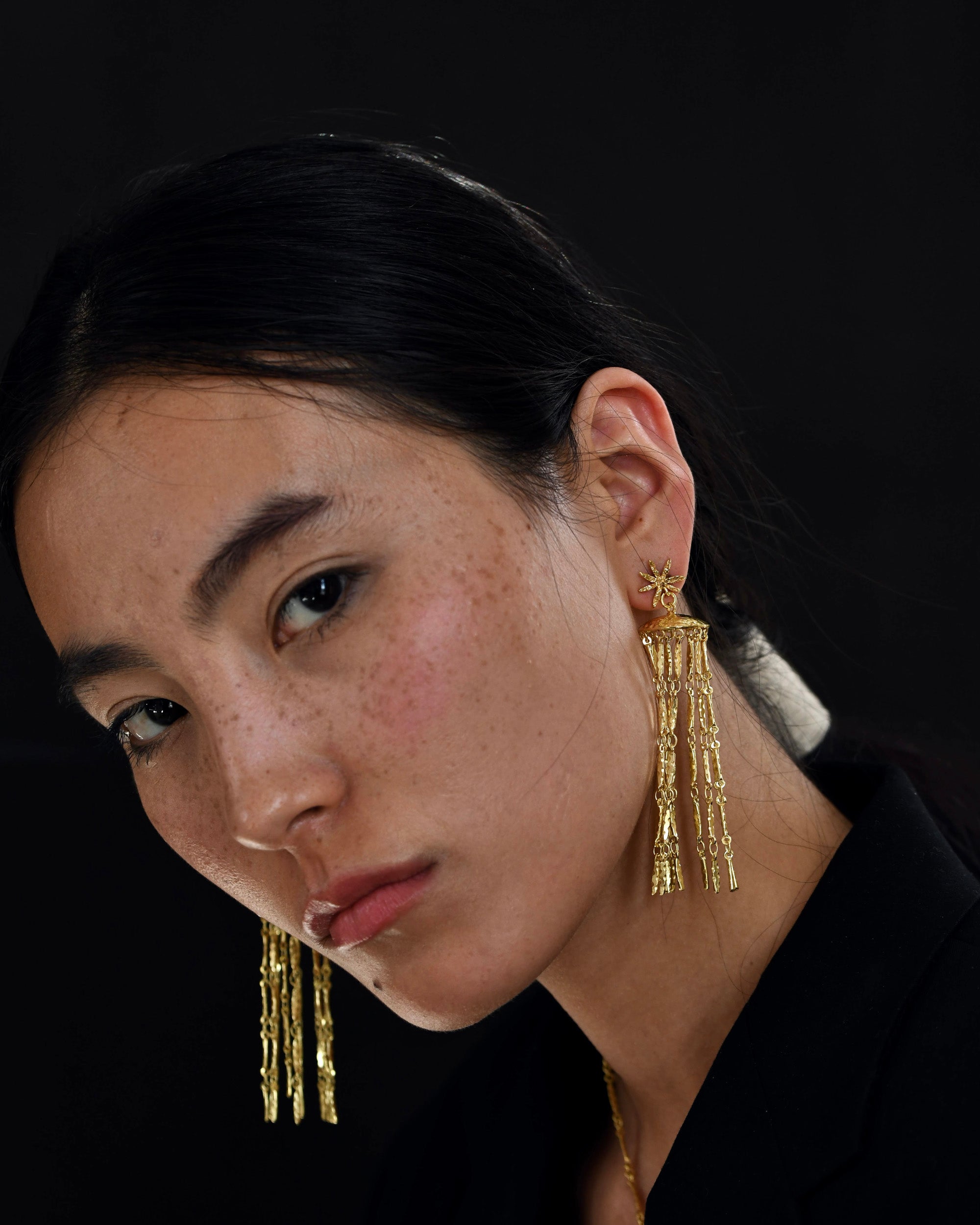 Gold Brass Starfall Earrings by The Loom Art with Brass, Cosmic Dream by The Loom Art, Fashion Jewellery, Free Size, Gold, Gold Plated, jewelry, Long Earrings, Natural at Kamakhyaa for sustainable fashion