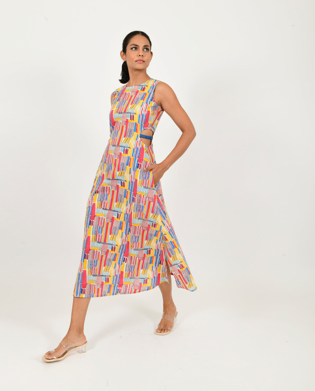 Casual Wear Block Print Side Cut Dress by Rias Jaipur with Block Prints, Casual Wear, Linen Blend, Midi Dresses, Multicolor, Natural, Regular Fit, Scribble Prints, Sleeveless Dresses, Womenswear, Yaadein, Yaadein by Rias Jaipur at Kamakhyaa for sustainable fashion
