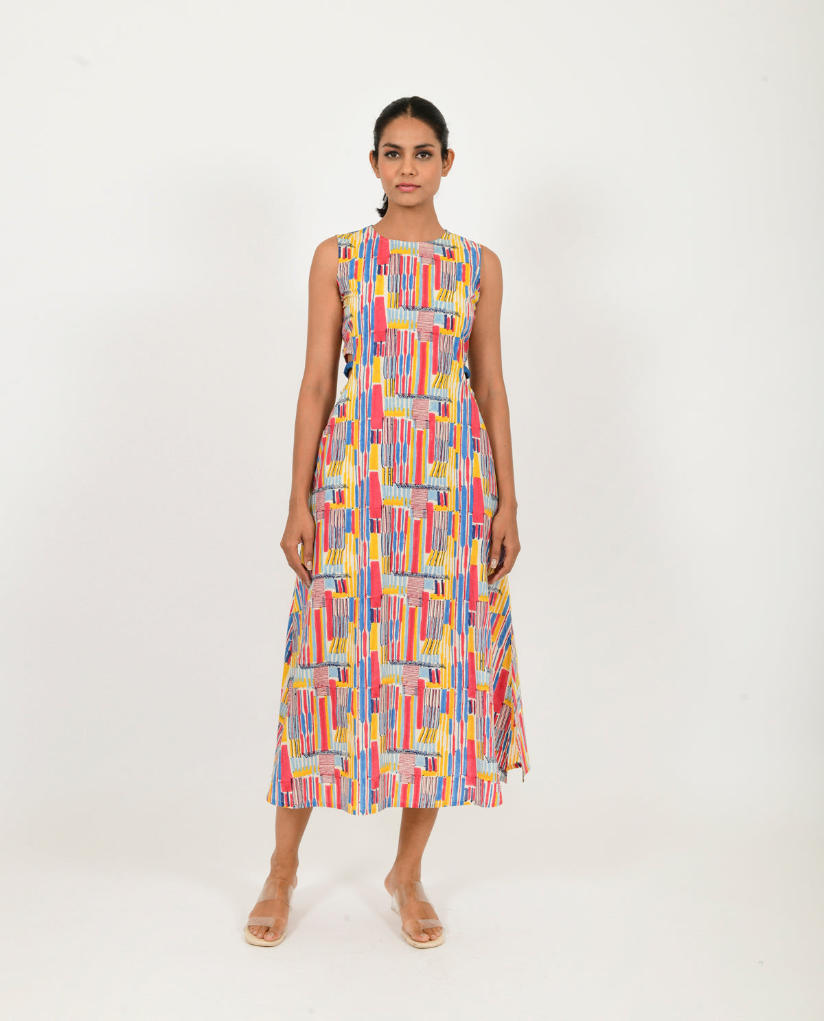 Casual Wear Block Print Side Cut Dress by Rias Jaipur with Block Prints, Casual Wear, Linen Blend, Midi Dresses, Multicolor, Natural, Regular Fit, Scribble Prints, Sleeveless Dresses, Womenswear, Yaadein, Yaadein by Rias Jaipur at Kamakhyaa for sustainable fashion