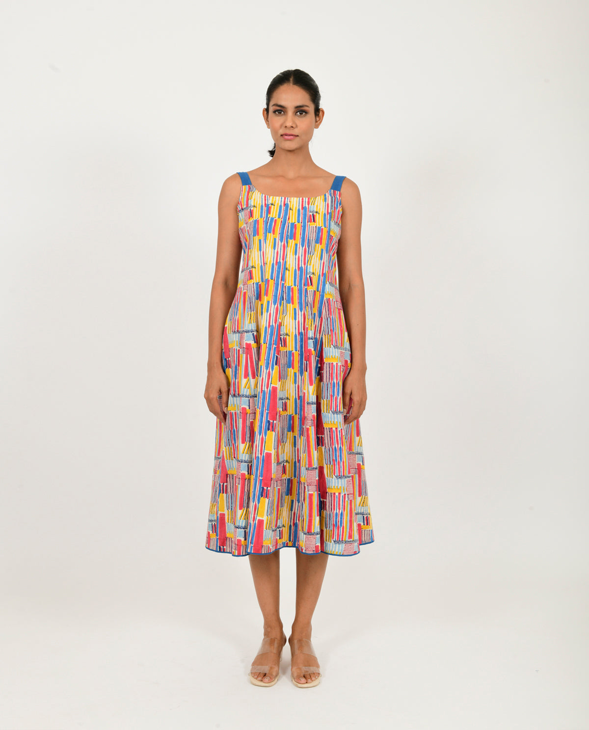 Multicolor Block Printed Linen Dress by Rias Jaipur with Block Prints, Casual Wear, Linen Blend, Multicolor, Natural, Regular Fit, Scribble Prints, Sleeveless Dresses, Womenswear, Yaadein, Yaadein by Rias Jaipur at Kamakhyaa for sustainable fashion