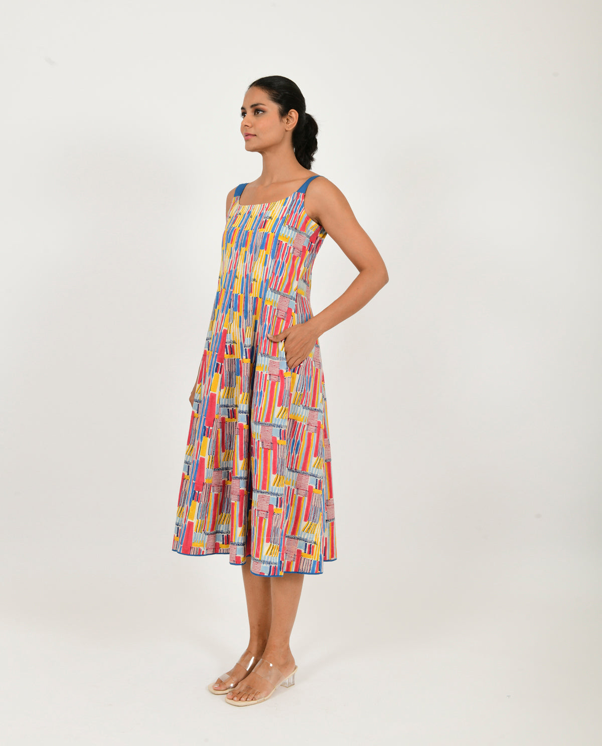 Multicolor Block Printed Linen Dress by Rias Jaipur with Block Prints, Casual Wear, Linen Blend, Multicolor, Natural, Regular Fit, Scribble Prints, Sleeveless Dresses, Womenswear, Yaadein, Yaadein by Rias Jaipur at Kamakhyaa for sustainable fashion