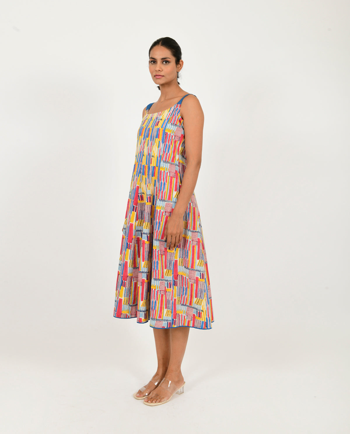 Multicolor Block Printed Linen Dress by Rias Jaipur with Block Prints, Casual Wear, Linen Blend, Multicolor, Natural, Regular Fit, Scribble Prints, Sleeveless Dresses, Womenswear, Yaadein, Yaadein by Rias Jaipur at Kamakhyaa for sustainable fashion