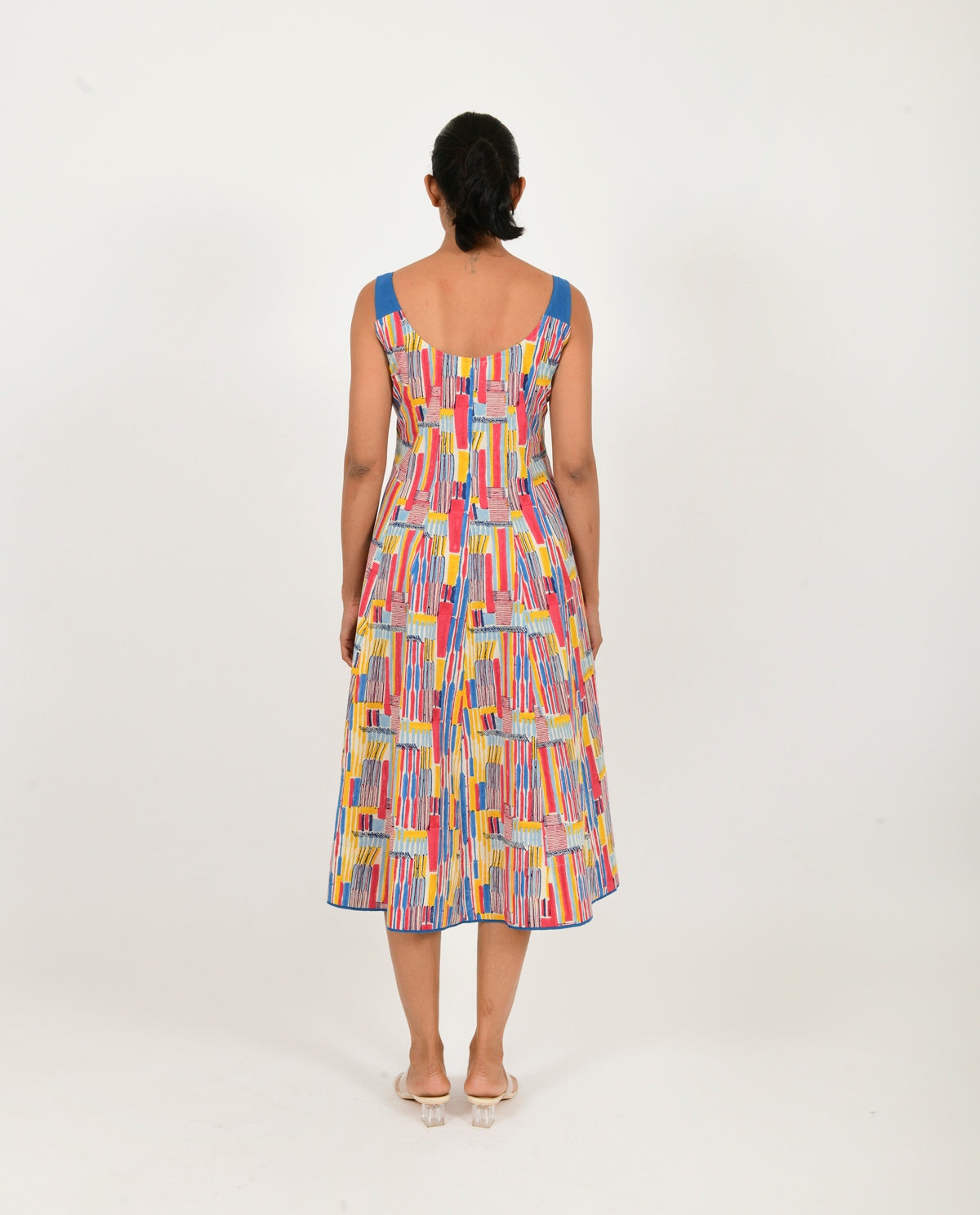 Multicolor Block Printed Linen Dress by Rias Jaipur with Block Prints, Casual Wear, Linen Blend, Multicolor, Natural, Regular Fit, Scribble Prints, Sleeveless Dresses, Womenswear, Yaadein, Yaadein by Rias Jaipur at Kamakhyaa for sustainable fashion