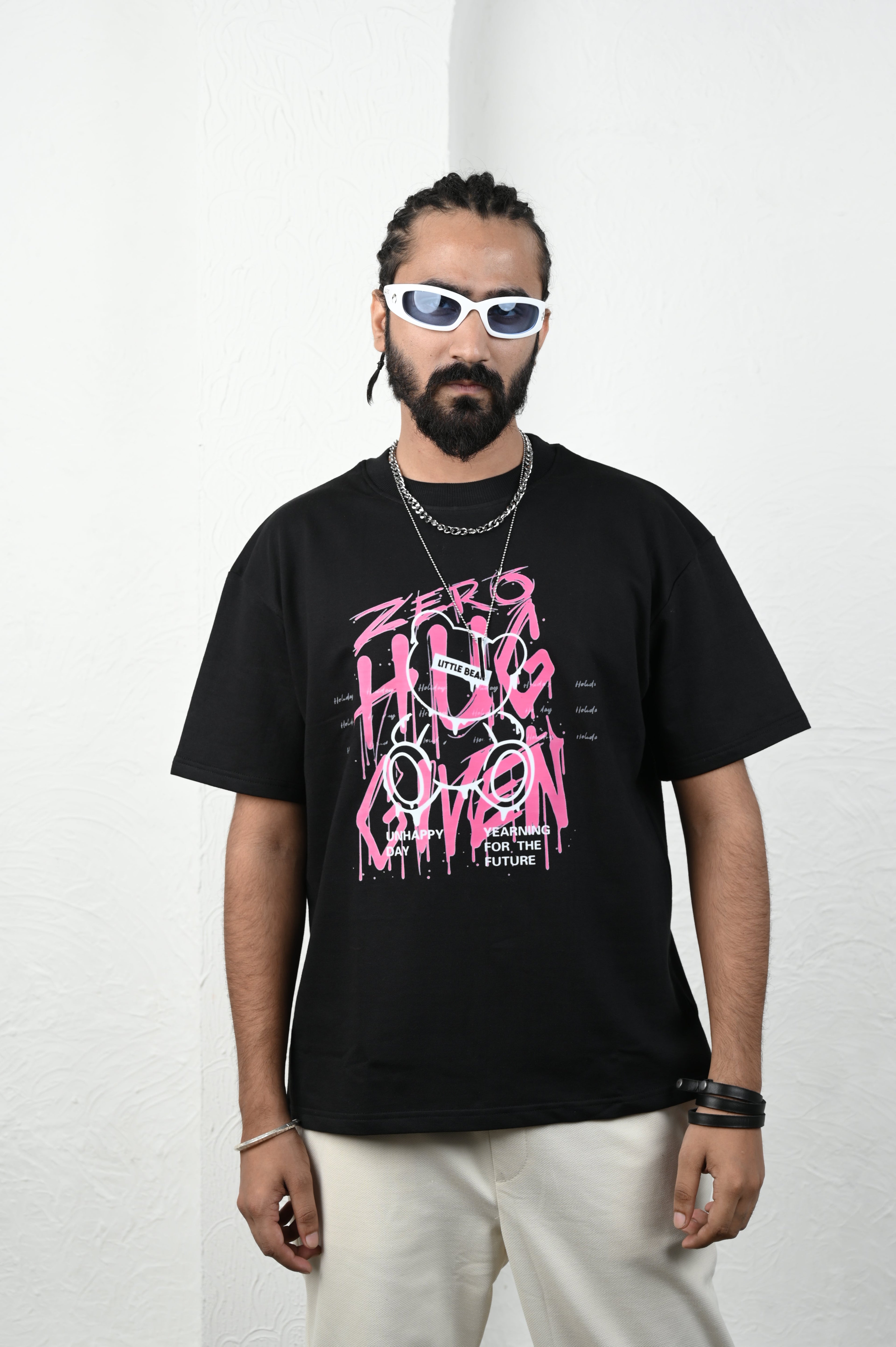 Zero Hug 100% Cotton Oversized Black T-shirt by Unfussy with 100% cotton, Black, Casual Wear, Organic, Oversized Fit, Printed, T-Shirts, Unfussy, Unisex at Kamakhyaa for sustainable fashion