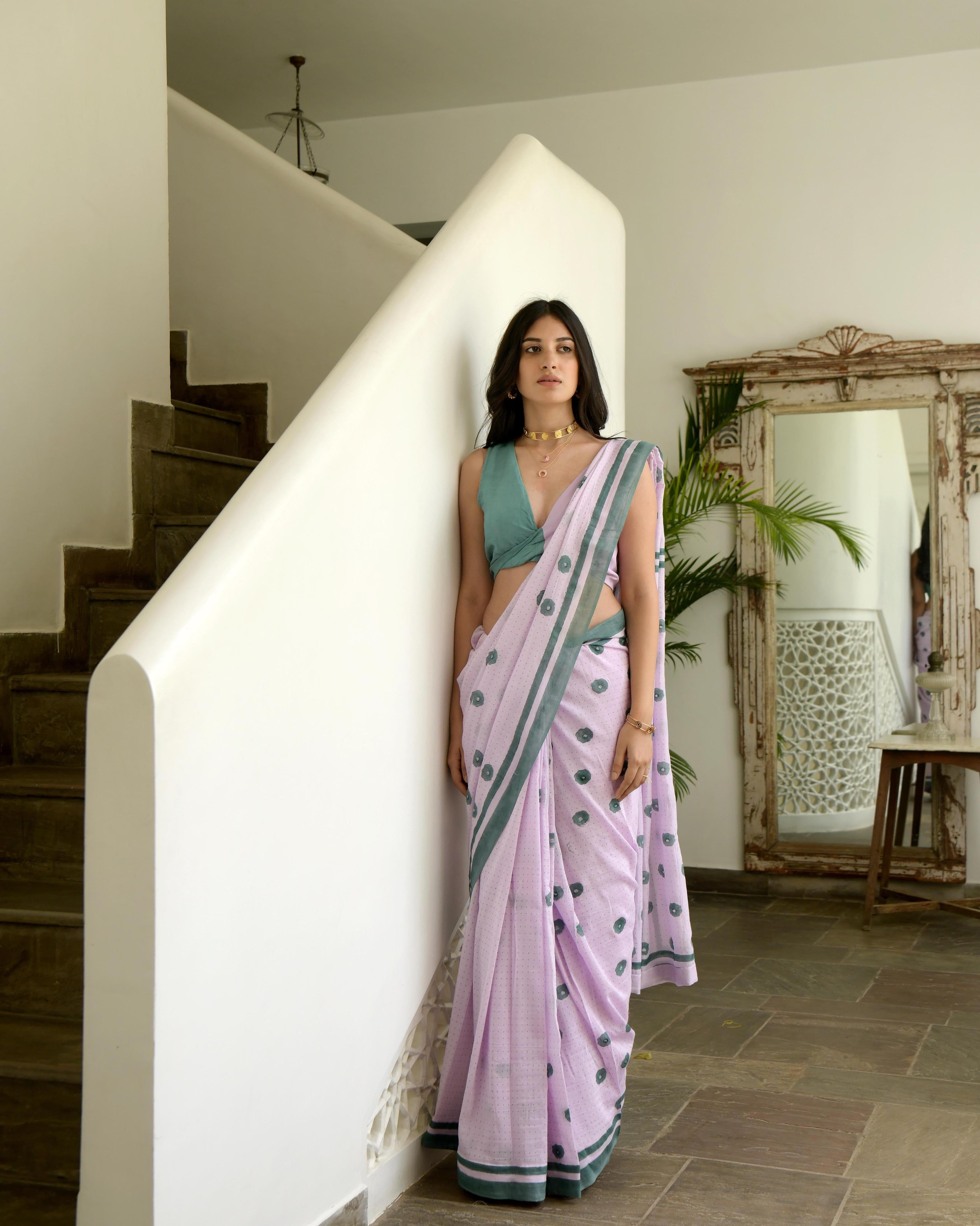 Pink Cotton Saree Set by Taro with Evening Wear, Gulzar by Taro, Handwoven Cotton, Indian Wear, July Sale, July Sale 2023, Natural, Pink, Prints, Regular Fit, Saree Sets, Womenswear at Kamakhyaa for sustainable fashion