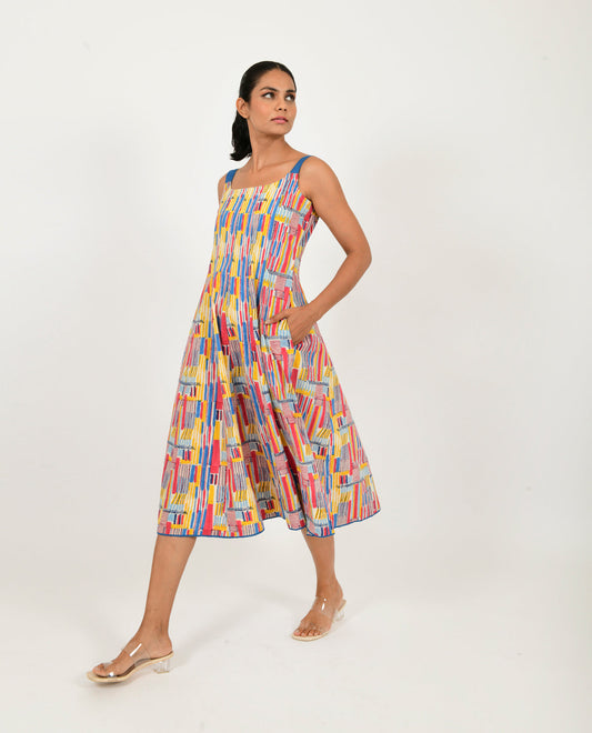 Multicolor Block Printed Linen Dress by Rias Jaipur with Block Prints, Casual Wear, Linen Blend, Multicolor, Natural, Regular Fit, Scribble Prints, Sleeveless Dresses, Womenswear, Yaadein, Yaadein by Rias Jaipur at Kamakhyaa for sustainable fashion