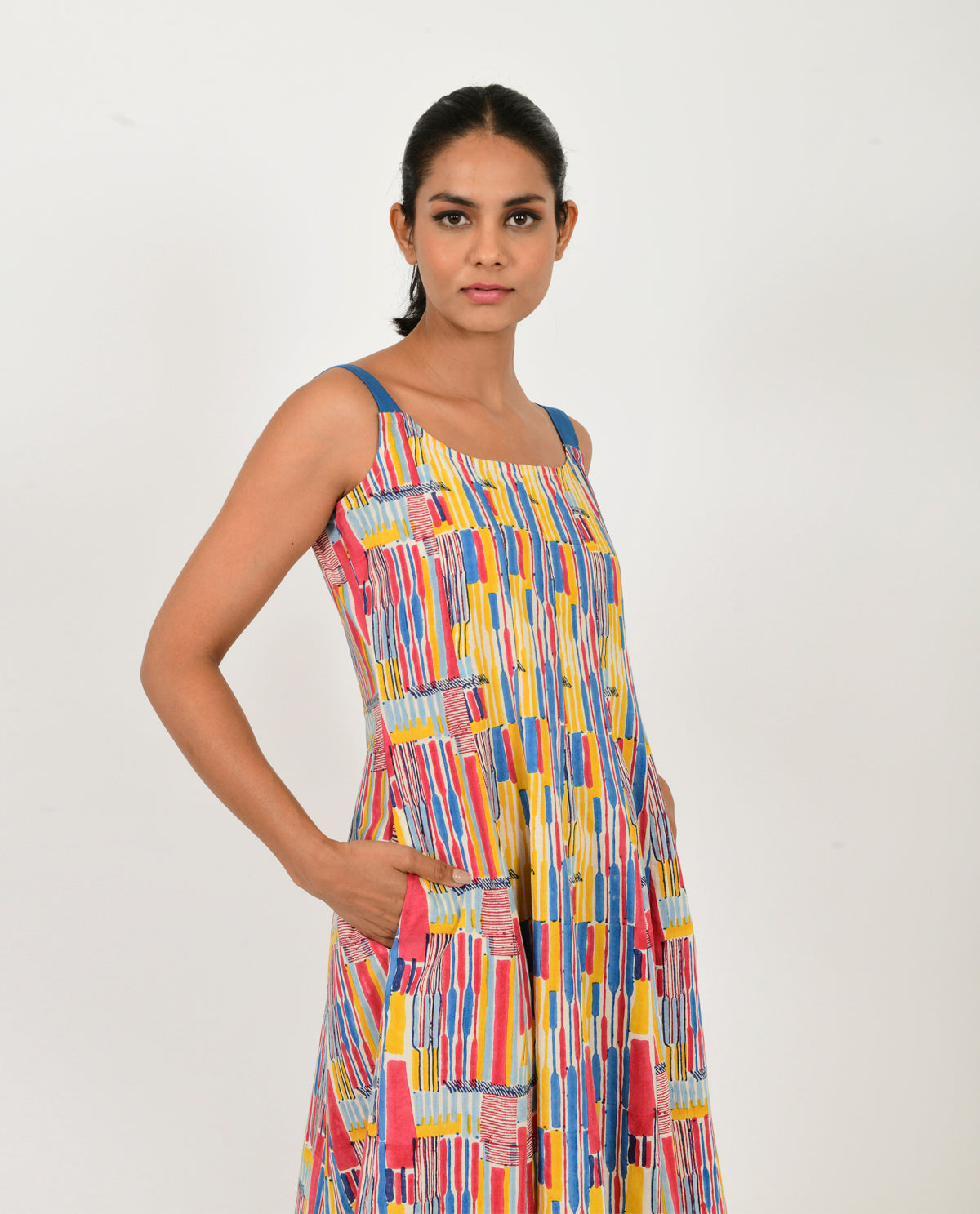 Multicolor Block Printed Linen Dress by Rias Jaipur with Block Prints, Casual Wear, Linen Blend, Multicolor, Natural, Regular Fit, Scribble Prints, Sleeveless Dresses, Womenswear, Yaadein, Yaadein by Rias Jaipur at Kamakhyaa for sustainable fashion