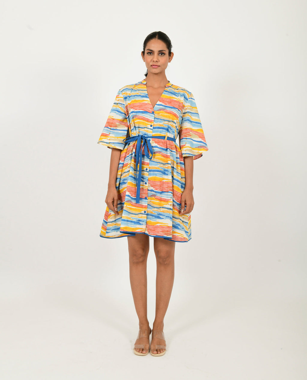 Cotton Block Printed Mini Dress with Belt by Rias Jaipur with 100% Organic Cotton, Block Prints, Casual Wear, Mini Dresses, Multicolor, Natural, Relaxed Fit, Scribble Prints, Womenswear, Yaadein, Yaadein by Rias Jaipur at Kamakhyaa for sustainable fashion