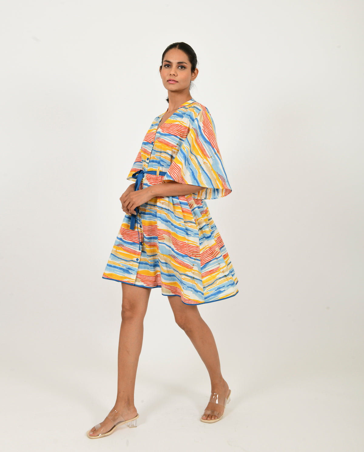 Cotton Block Printed Mini Dress with Belt by Rias Jaipur with 100% Organic Cotton, Block Prints, Casual Wear, Mini Dresses, Multicolor, Natural, Relaxed Fit, Scribble Prints, Womenswear, Yaadein, Yaadein by Rias Jaipur at Kamakhyaa for sustainable fashion