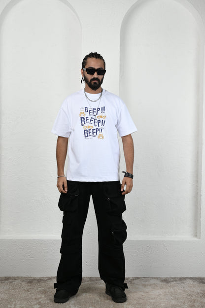 Beep More 100% Cotton Oversized White T-shirt by Unfussy with 100% cotton, Casual Wear, Menswear, Organic, Oversized Fit, Printed, T-Shirts, Unfussy, Unisex, White at Kamakhyaa for sustainable fashion