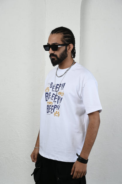 Beep More 100% Cotton Oversized White T-shirt by Unfussy with 100% cotton, Casual Wear, Menswear, Organic, Oversized Fit, Printed, T-Shirts, Unfussy, Unisex, White at Kamakhyaa for sustainable fashion