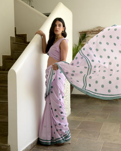 Pink Cotton Saree Set by Taro with Evening Wear, Gulzar by Taro, Handwoven Cotton, Indian Wear, July Sale, July Sale 2023, Natural, Pink, Prints, Regular Fit, Saree Sets, Womenswear at Kamakhyaa for sustainable fashion